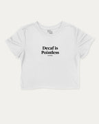 Decaf is Pointless graphic crop tee with funny and trendy slogan print, perfect for women’s casual looks or layering. White crop t-shirt.