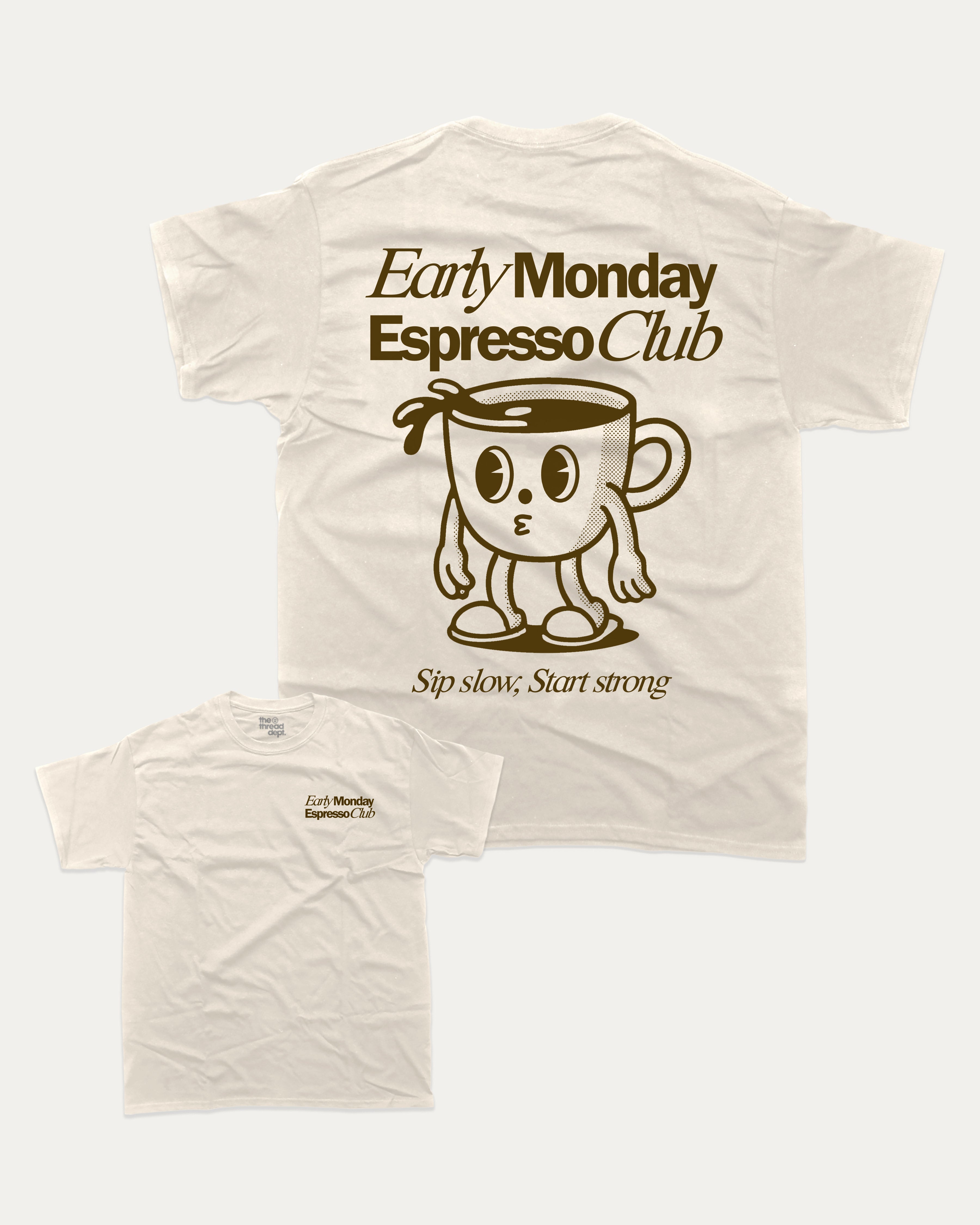 Early Monday Espresso Club graphic tee with bold and humorous print, funny and trendy graphic. Gift for Coffee Lover, Cofee Graphic Tee. Perfect for adults and gift-giving. Cream shirt.