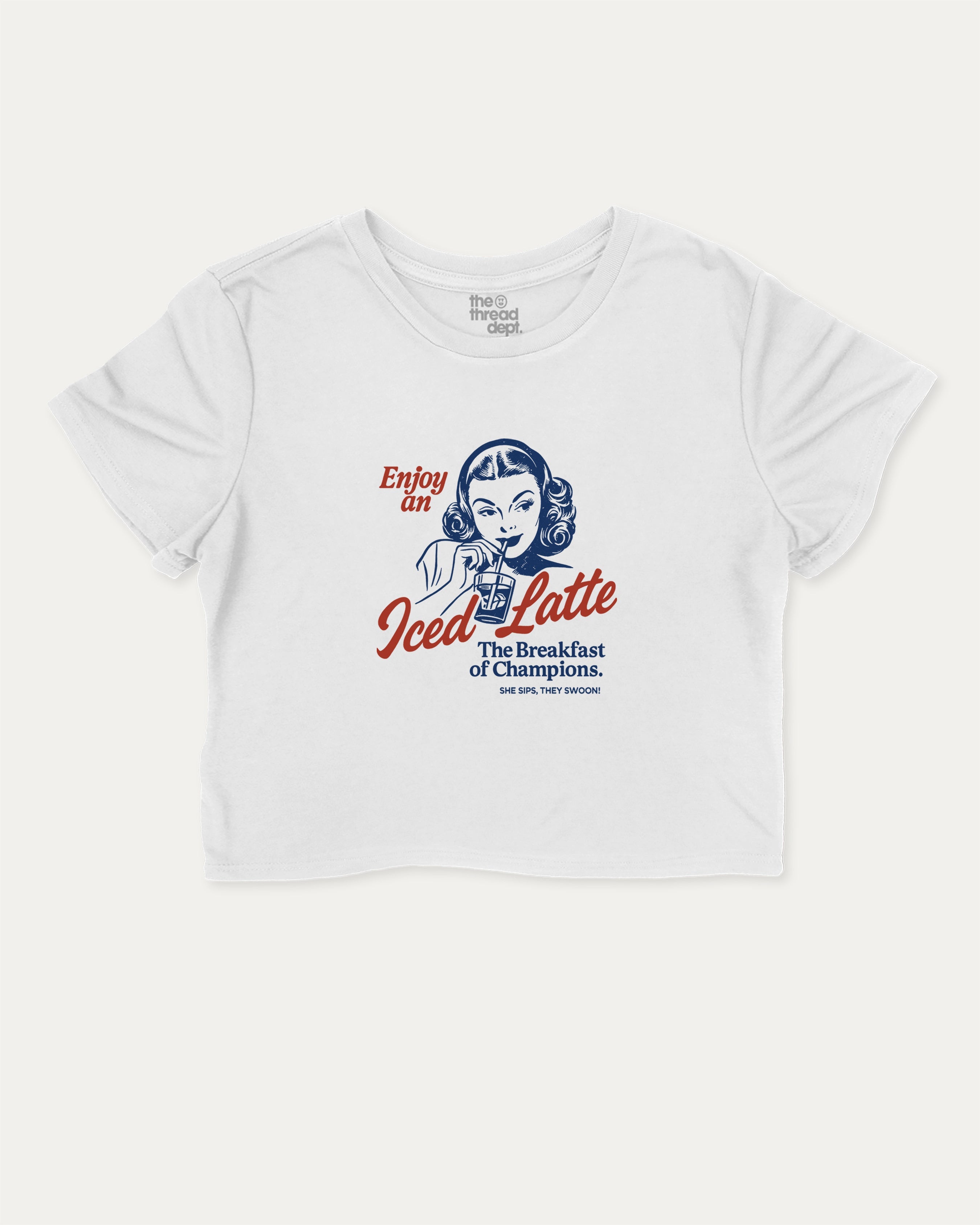 Enjoy An Iced Latte graphic crop tee with funny and trendy slogan print, Perfect Gift for Coffee Lover, Coffee Graphic T shirt, perfect for women’s casual looks or layering. White crop t-shirt.
