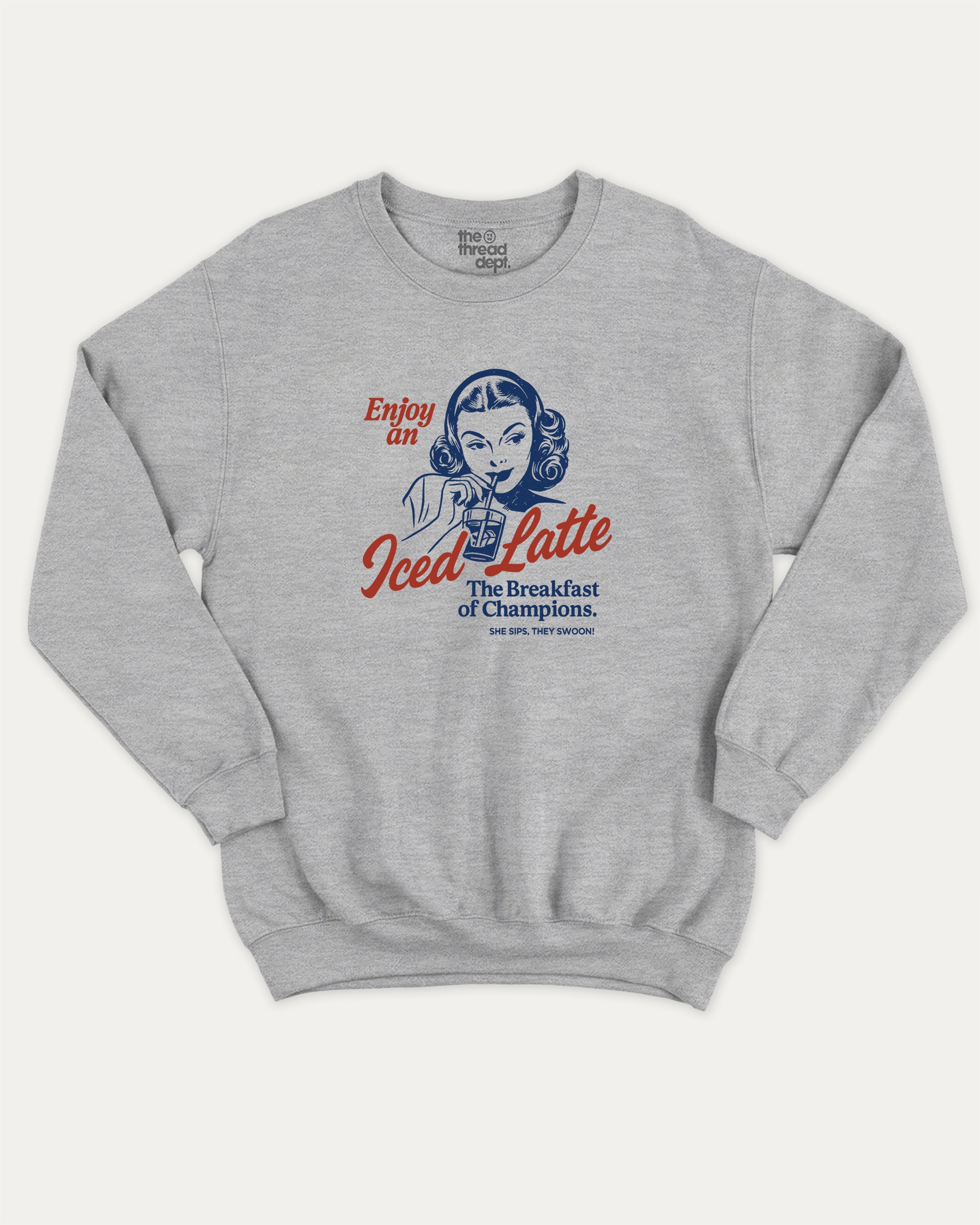 Enjoy An Iced Latte graphic sweatshirt with bold and humorous print, Perfect Gift for Coffee Lover, Coffee Graphic T shirt, warm and cozy graphic for everyday wear. Perfect for adults and gift-giving. Heather Grey pullover.