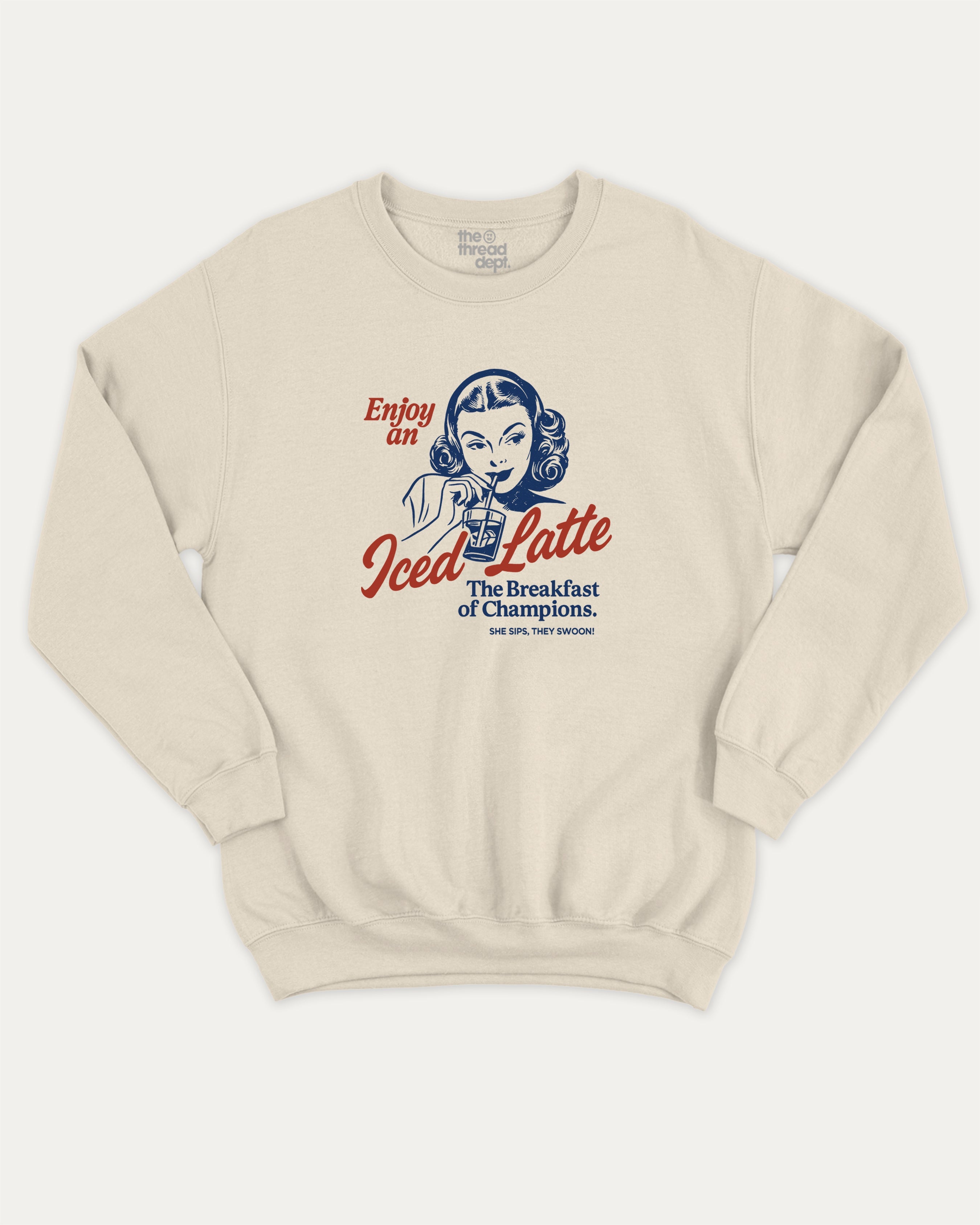 Enjoy An Iced Latte graphic sweatshirt with bold and humorous print, Perfect Gift for Coffee Lover, Coffee Graphic T shirt, warm and cozy graphic for everyday wear. Perfect for adults and gift-giving. Natural pullover.
