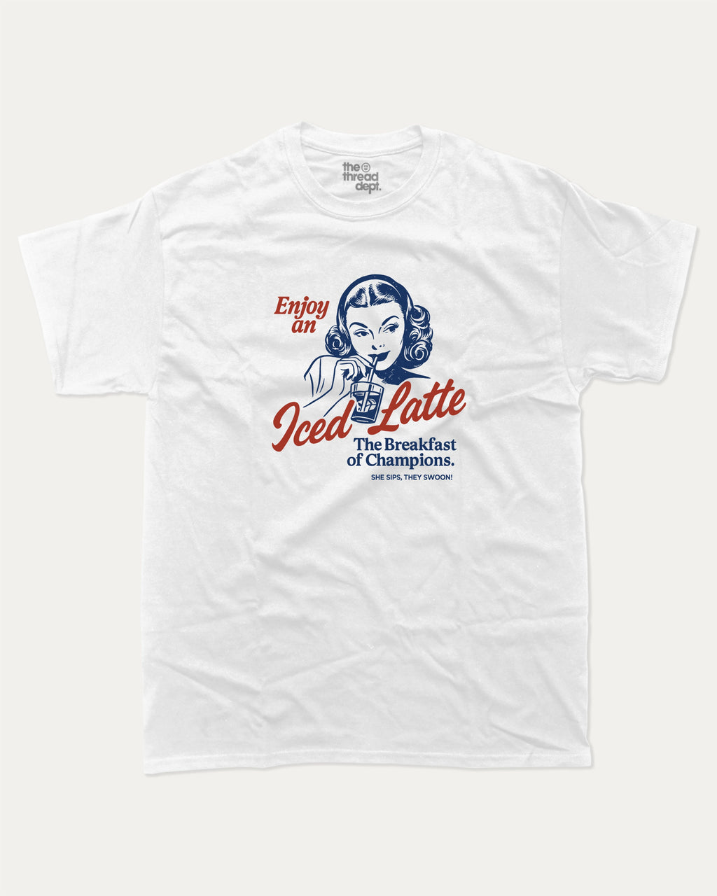 Enjoy An Iced Latte graphic tee with bold and humorous print, Perfect Gift for Coffee Lover, Coffee Graphic T shirt, funny and trendy graphic. Perfect for adults and gift-giving. White shirt.