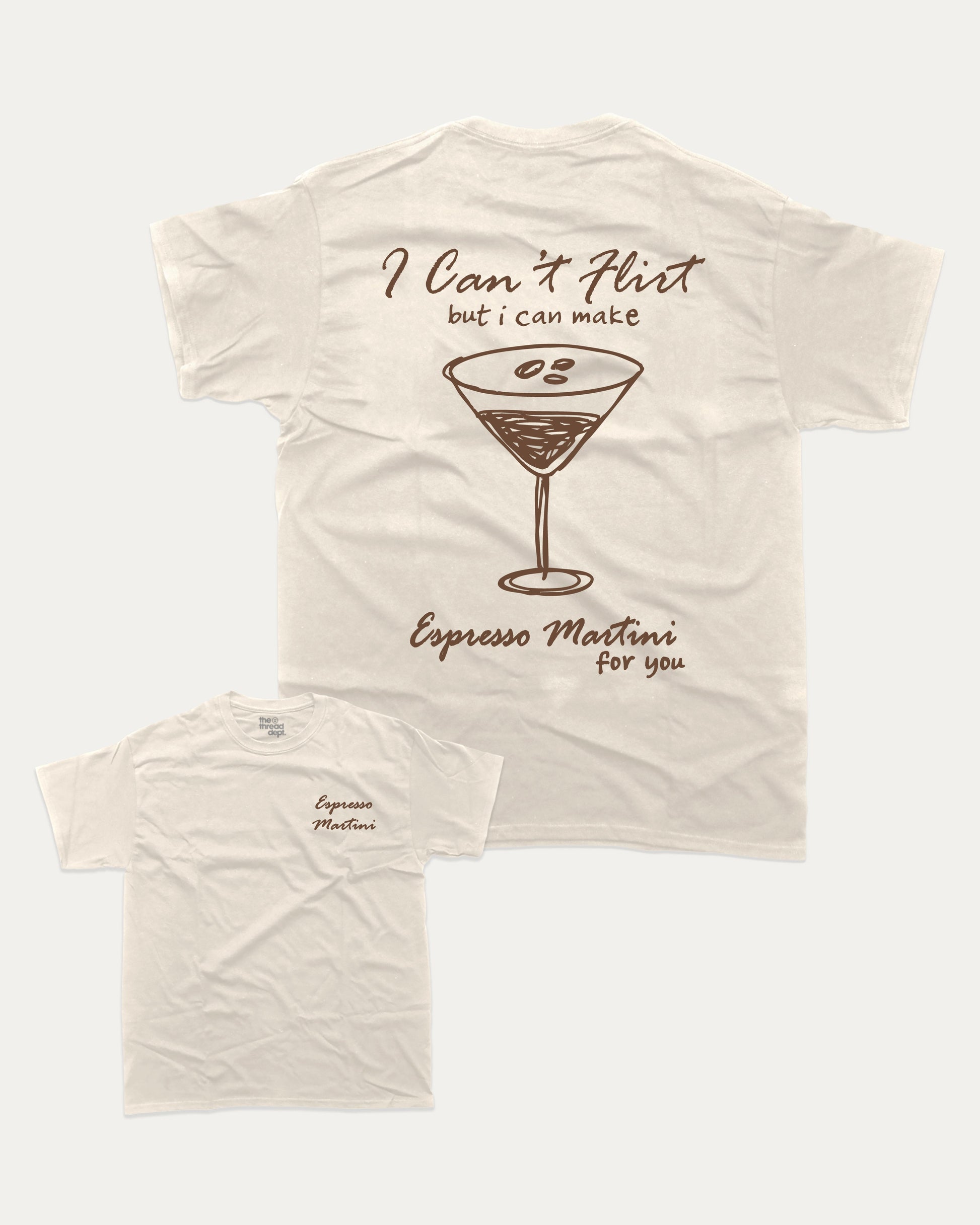 Espresso Martini graphic t-shirt, Drinks T shirt, Cocktail Graphic T shirt, A must-have funny tee, trending meme shirt, unique gift idea. Cream.