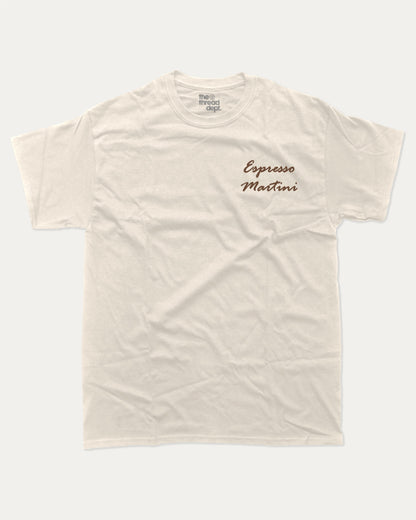 Espresso Martini graphic t-shirt, Drinks T shirt, Cocktail Graphic T shirt, A must-have funny tee, trending meme shirt, unique gift idea. Cream.