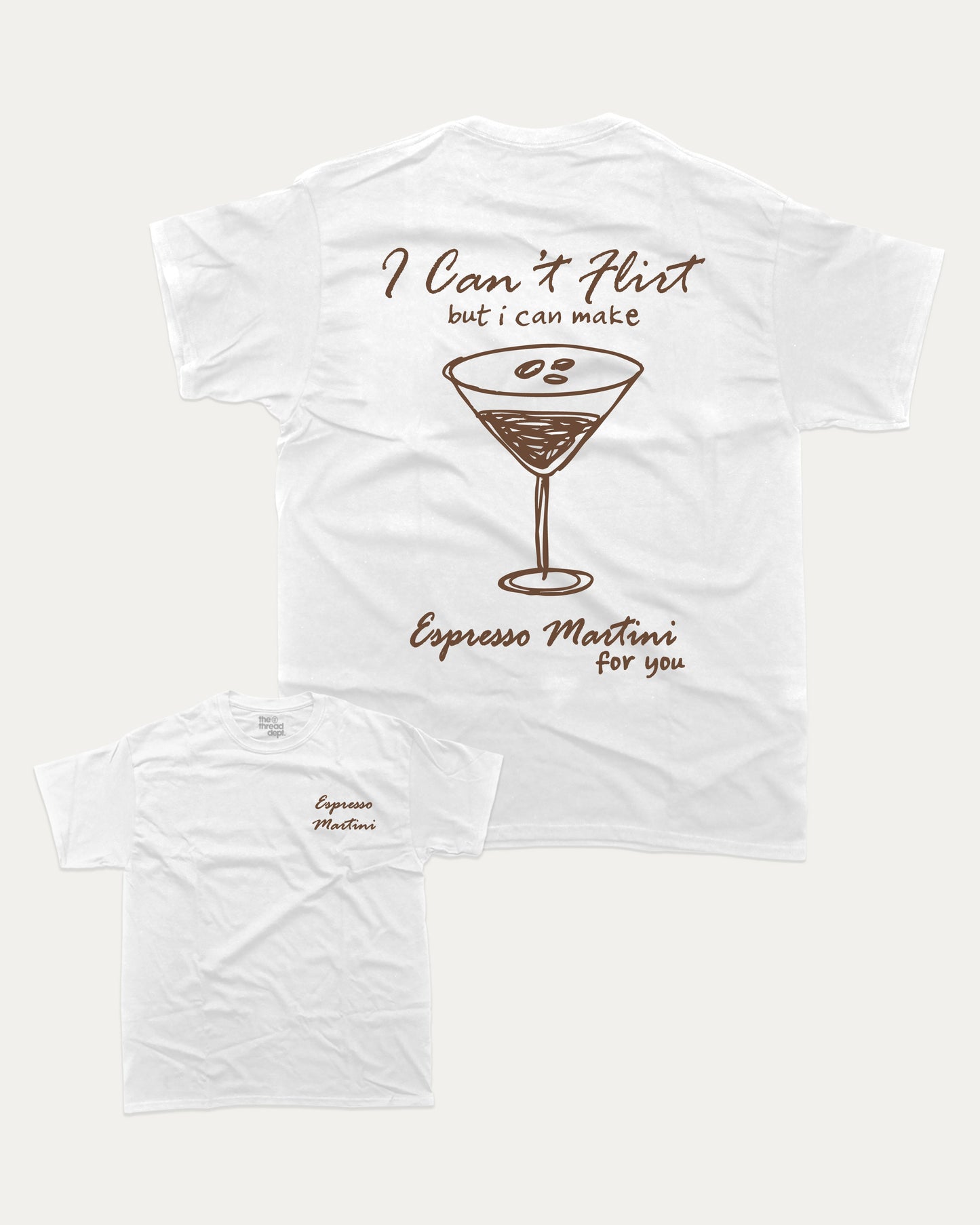 Espresso Martini graphic t-shirt, Drinks T shirt, Cocktail Graphic T shirt, A must-have funny tee, trending meme shirt, unique gift idea. White.
