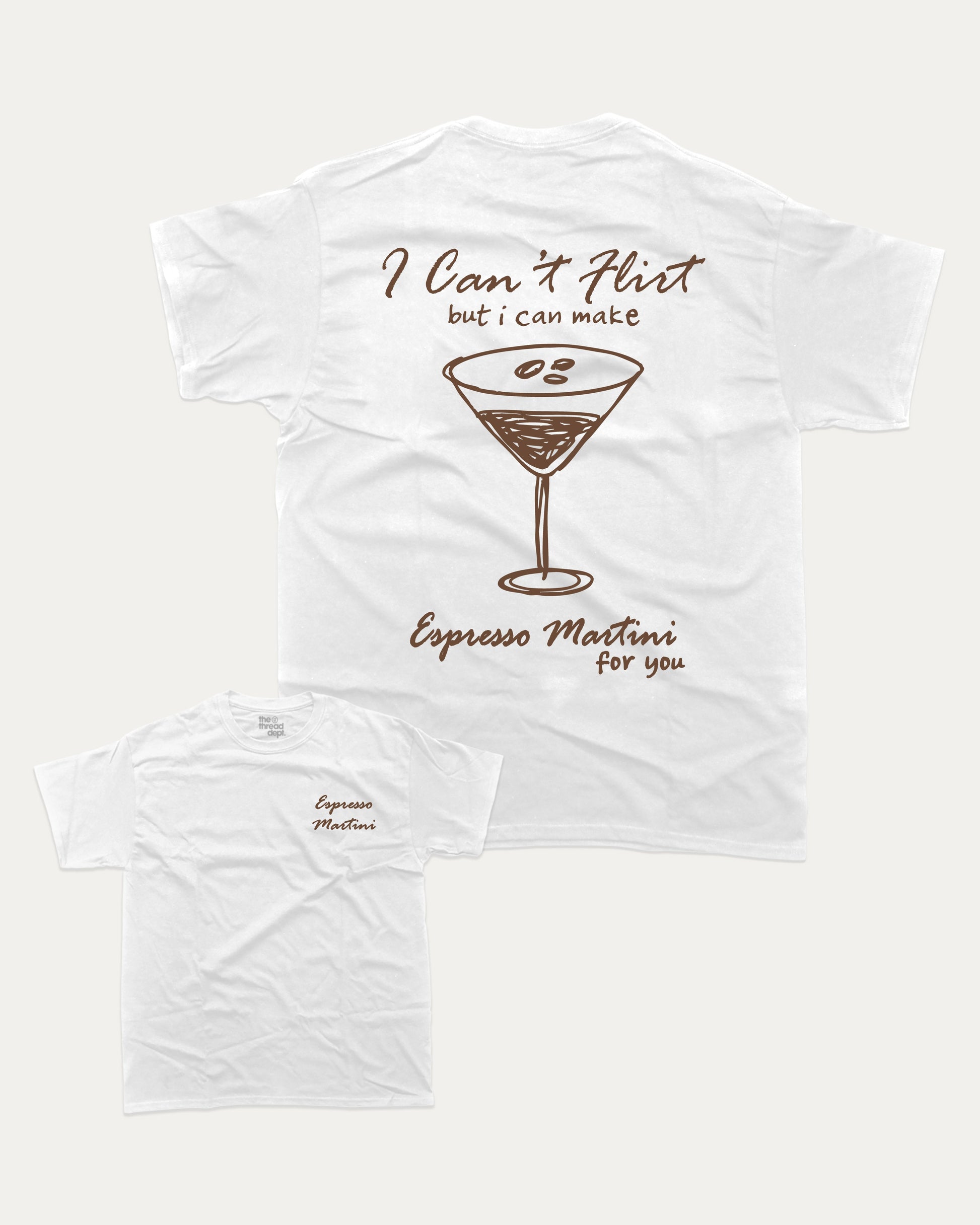 Espresso Martini graphic t-shirt, Drinks T shirt, Cocktail Graphic T shirt, A must-have funny tee, trending meme shirt, unique gift idea. White.