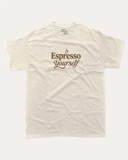 Espresso Yourself graphic t-shirt, perfect for adults. funny coffee espresso tee, trending meme shirt, unique gift idea. Cream.