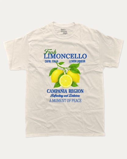 Fresh Limoncello graphic tee with bold and humorous print, funny and trendy graphic. Retro Inspired Graphic T shirt, Lemon Graphic Tee, Italian Liquor tee, Alocohil T shirt, Cocktail T shirt,  Perfect for adults and gift-giving. Cream shirt.