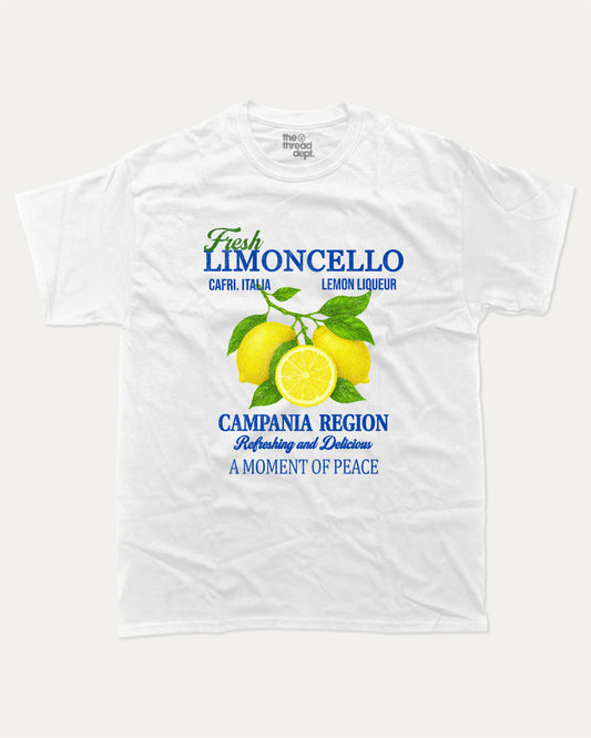 Fresh Limoncello graphic tee with bold and humorous print, funny and trendy graphic. Retro Inspired Graphic T shirt, Lemon Graphic Tee, Italian Liquor tee, Alocohil T shirt, Cocktail T shirt,  Perfect for adults and gift-giving. White shirt.