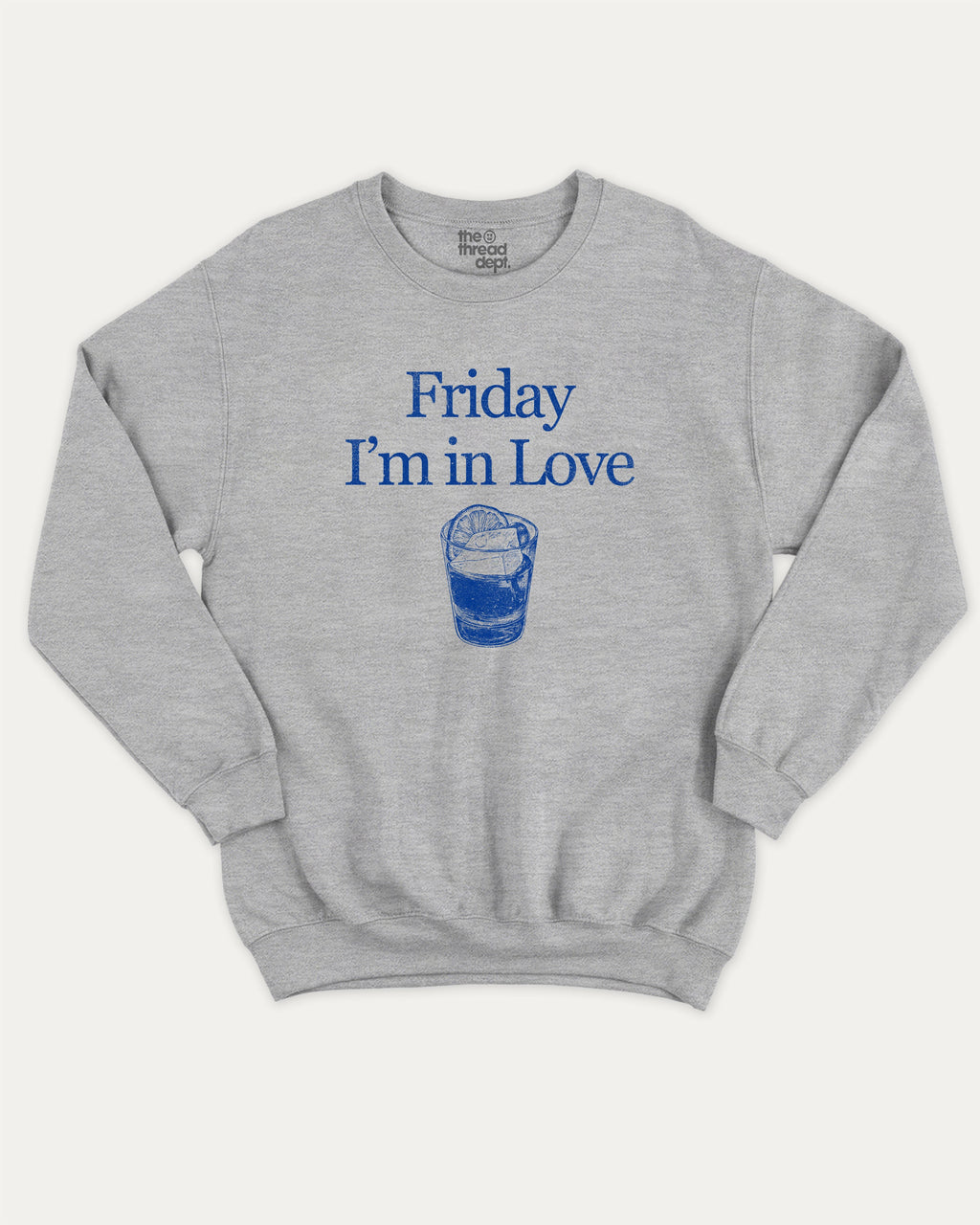 Friday I'm in Love graphic sweatshirt with bold and humorous print, Retro Drinks Graphic T shirt, Old Fashiond Cocktail Graphic T shirt, warm and cozy graphic for everyday wear. Perfect for adults and gift-giving. Heather Grey pullover.