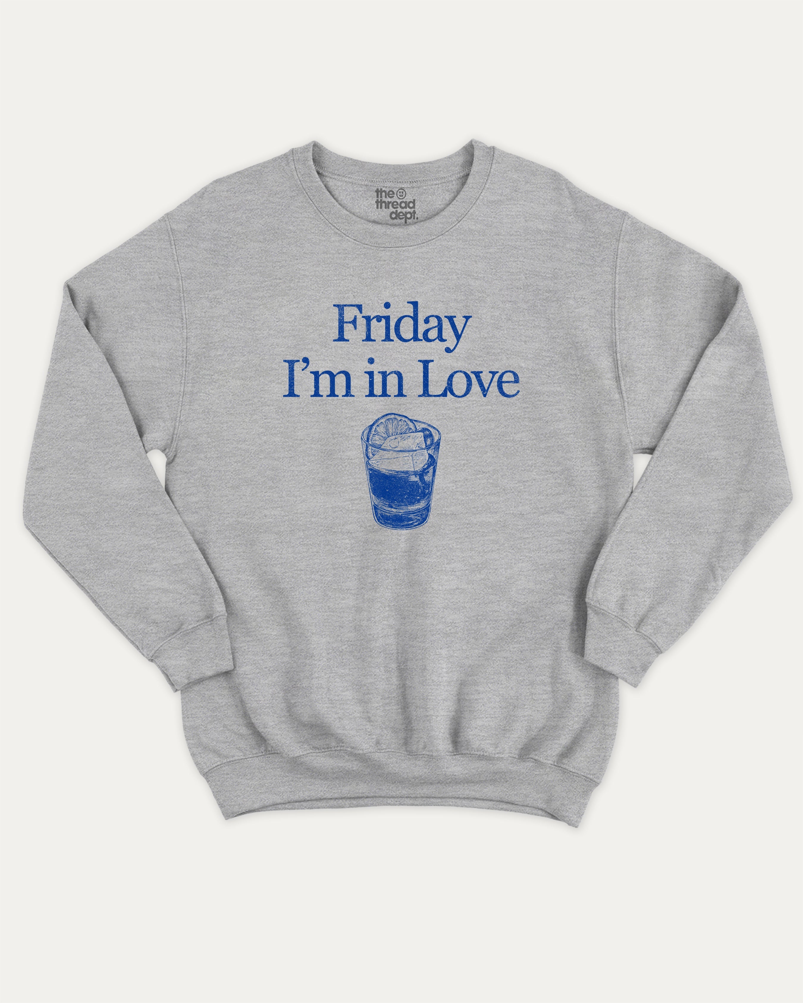 Friday I'm in Love graphic sweatshirt with bold and humorous print, Retro Drinks Graphic T shirt, Old Fashiond Cocktail Graphic T shirt, warm and cozy graphic for everyday wear. Perfect for adults and gift-giving. Heather Grey pullover.