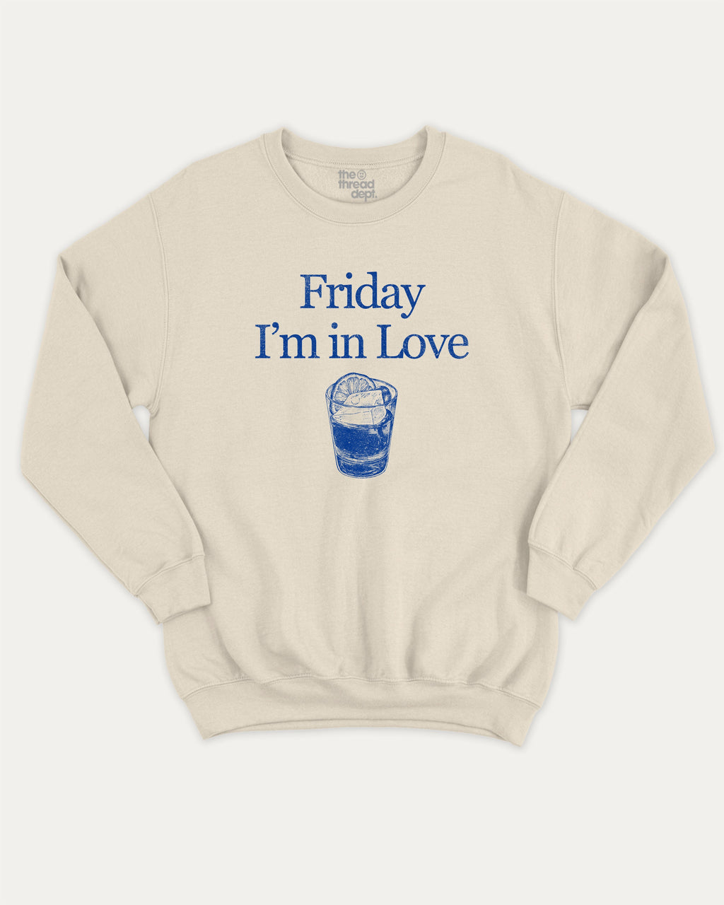 Friday I'm in Love graphic sweatshirt with bold and humorous print, Retro Drinks Graphic T shirt, Old Fashiond Cocktail Graphic T shirt, warm and cozy graphic for everyday wear. Perfect for adults and gift-giving. Natural pullover.
