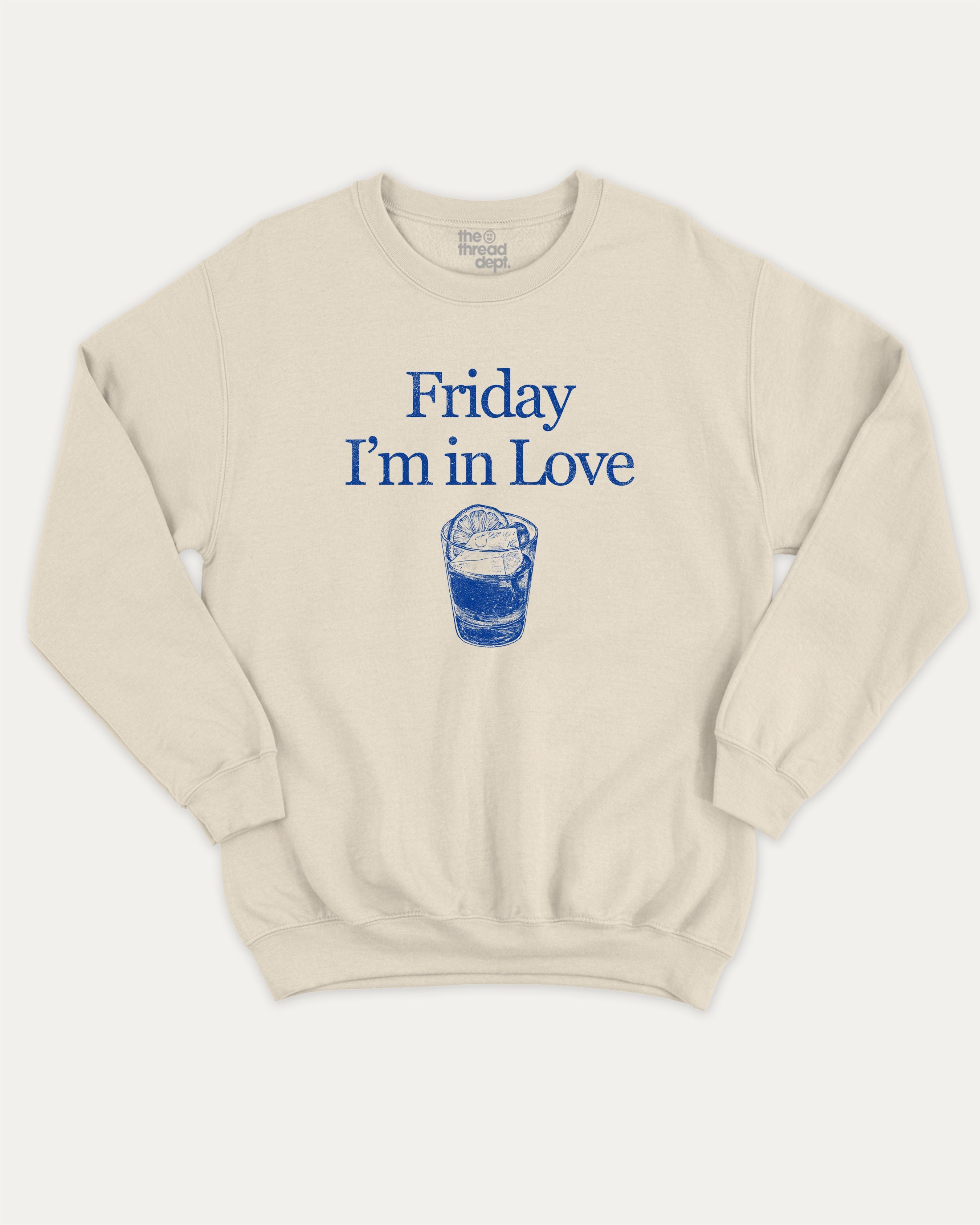 Friday I'm in Love graphic sweatshirt with bold and humorous print, Retro Drinks Graphic T shirt, Old Fashiond Cocktail Graphic T shirt, warm and cozy graphic for everyday wear. Perfect for adults and gift-giving. Natural pullover.