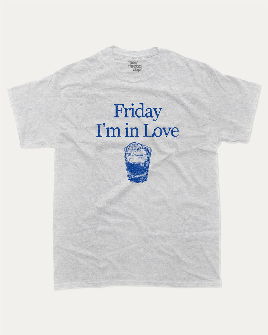 Friday I'm in Love graphic tee with bold and humorous print, Retro Drinks Graphic T shirt, Old Fashiond Cocktail Graphic T shirt, funny and trendy graphic. Perfect for adults and gift-giving. Ash Grey shirt.