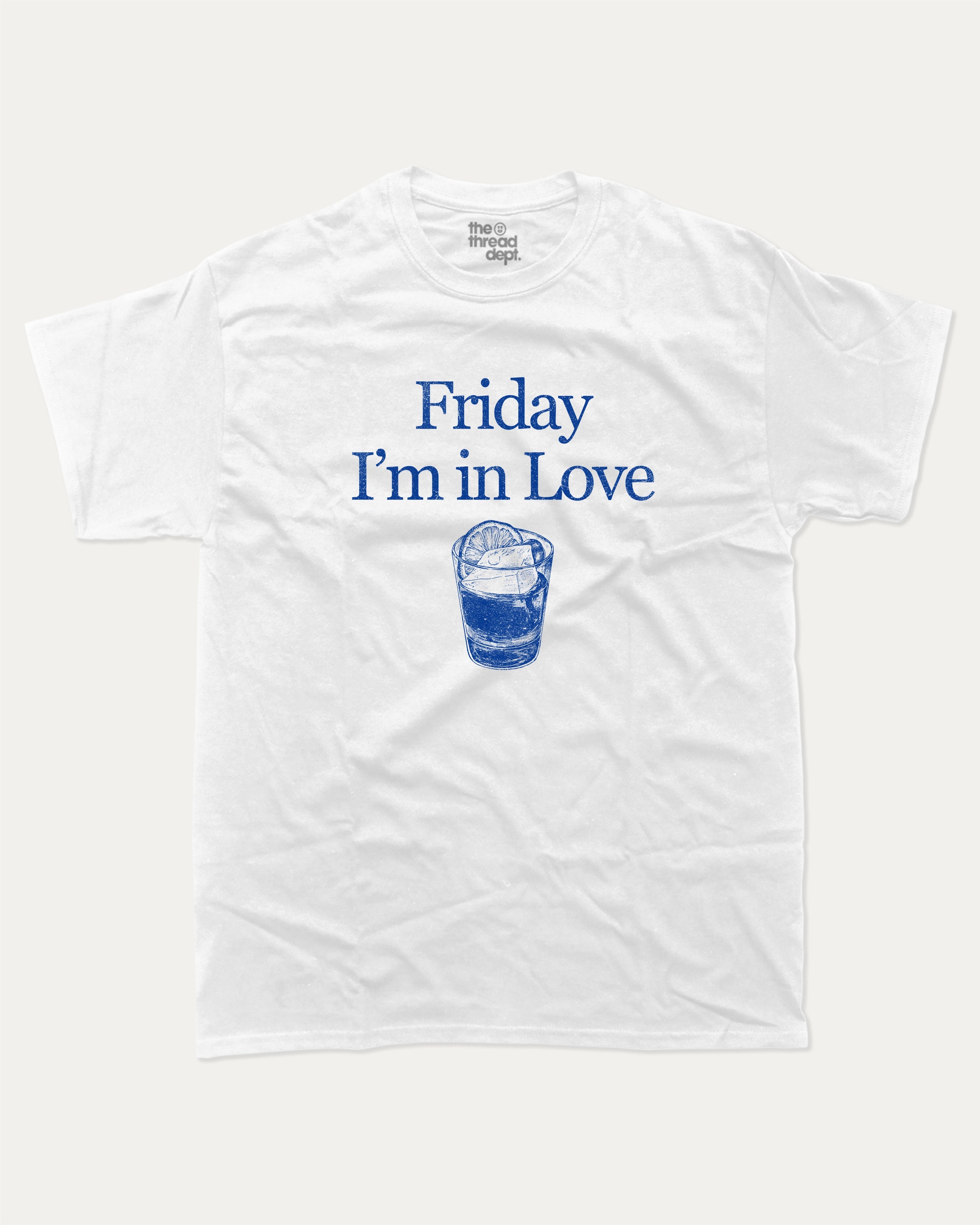 Friday I'm in Love graphic tee with bold and humorous print, Retro Drinks Graphic T shirt, Old Fashiond Cocktail Graphic T shirt, funny and trendy graphic. Perfect for adults and gift-giving. White shirt.