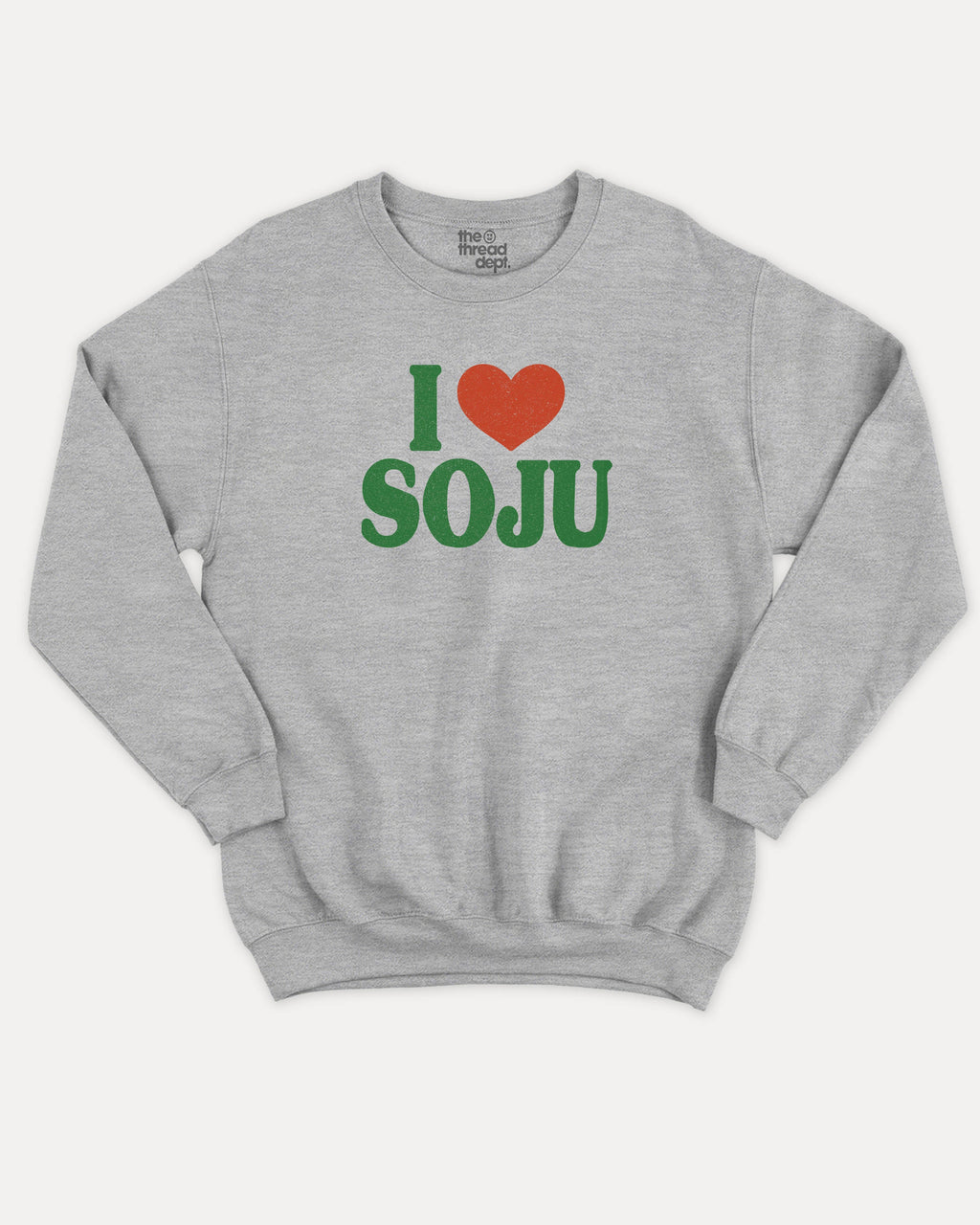 I Love Soju graphic sweatshirt with bold and humorous print, Perfect Gift for Soju Lovers, Soju Korean Drinks Graphic T shirt, warm and cozy graphic for everyday wear. Perfect for adults and gift-giving. Heather Grey pullover.