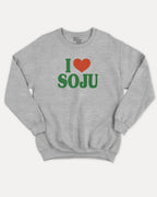 I Love Soju graphic sweatshirt with bold and humorous print, Perfect Gift for Soju Lovers, Soju Korean Drinks Graphic T shirt, warm and cozy graphic for everyday wear. Perfect for adults and gift-giving. Heather Grey pullover.