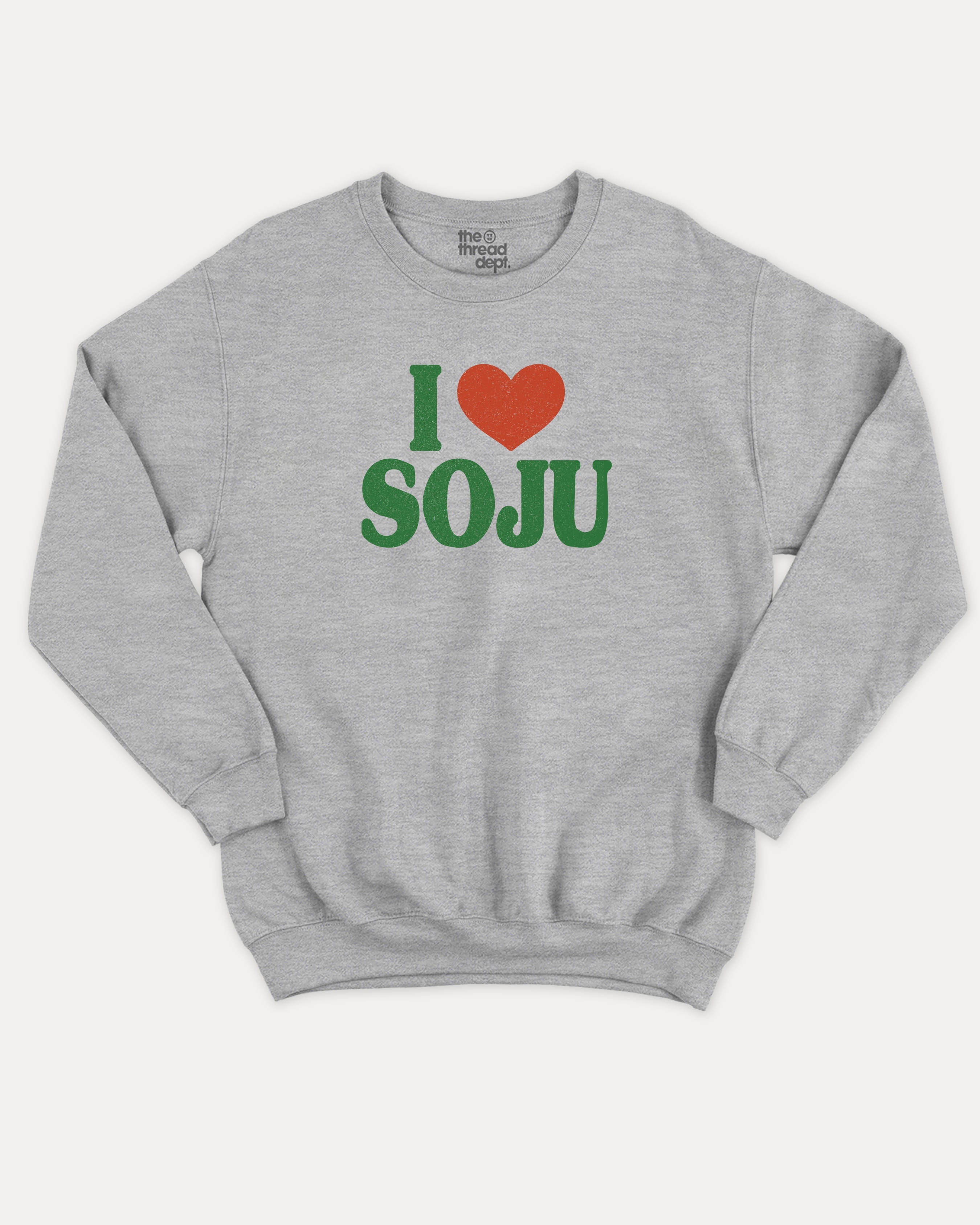 I Love Soju graphic sweatshirt with bold and humorous print, Perfect Gift for Soju Lovers, Soju Korean Drinks Graphic T shirt, warm and cozy graphic for everyday wear. Perfect for adults and gift-giving. Heather Grey pullover.