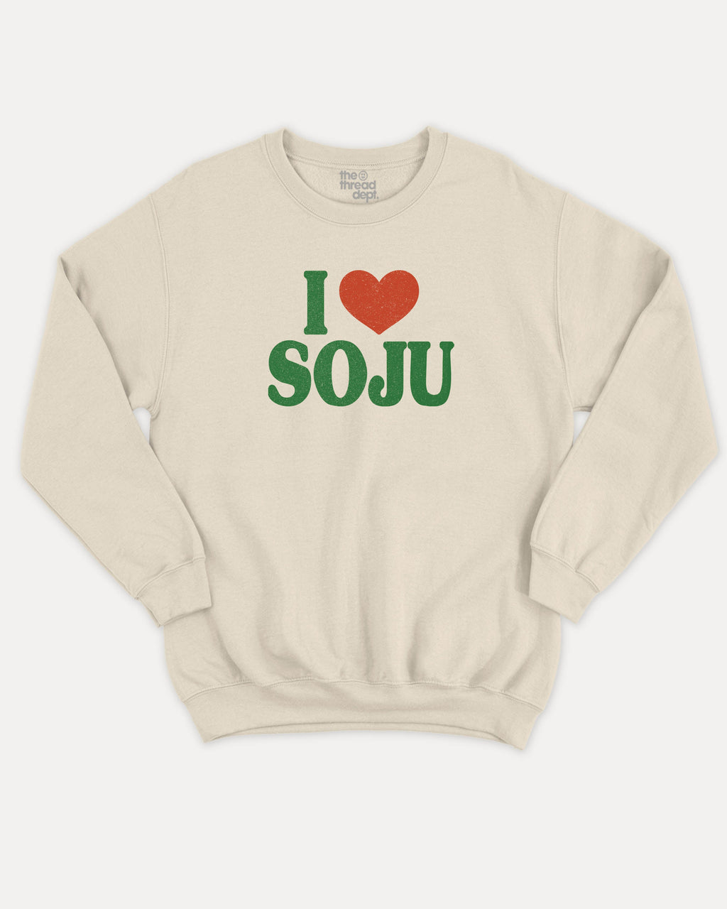 I Love Soju graphic sweatshirt with bold and humorous print, Perfect Gift for Soju Lovers, Soju Korean Drinks Graphic T shirt, warm and cozy graphic for everyday wear. Perfect for adults and gift-giving. Natural pullover.