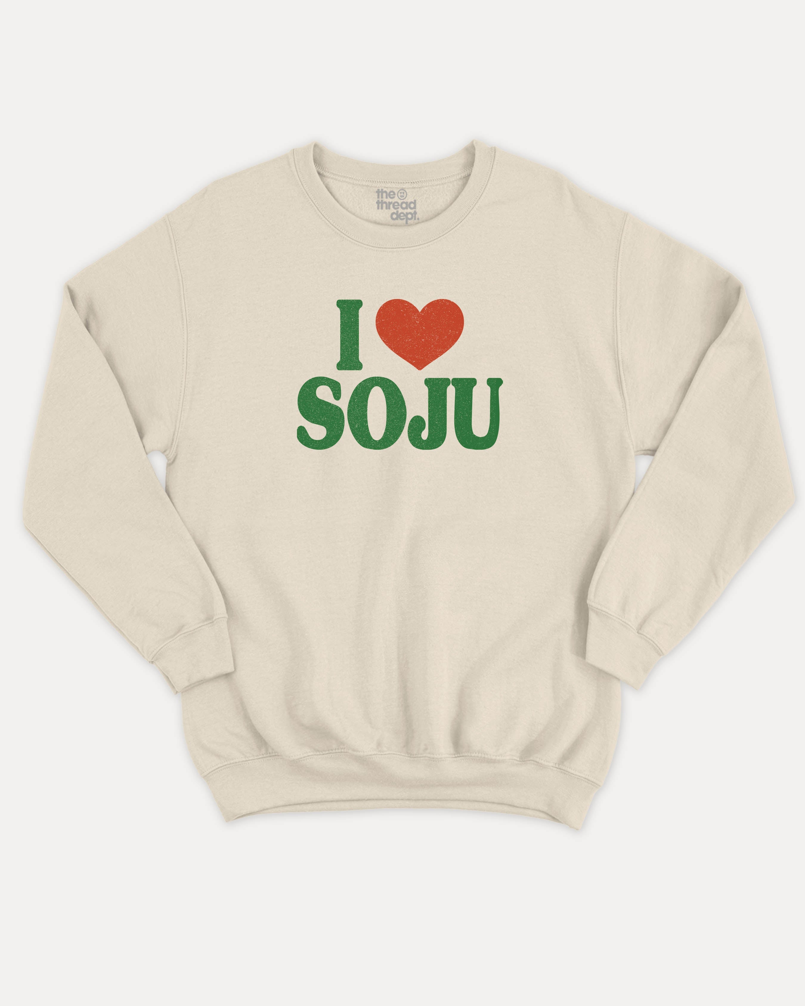 I Love Soju graphic sweatshirt with bold and humorous print, Perfect Gift for Soju Lovers, Soju Korean Drinks Graphic T shirt, warm and cozy graphic for everyday wear. Perfect for adults and gift-giving. Natural pullover.