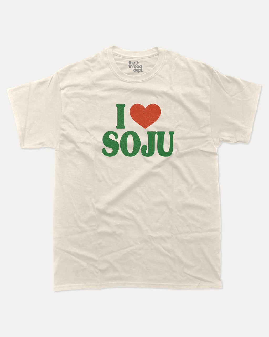 I Love Soju graphic tee with bold and humorous print, Perfect Gift for Soju Lovers, Soju Korean Drinks Graphic T shirt, funny and trendy graphic. Perfect for adults and gift-giving. Cream shirt.