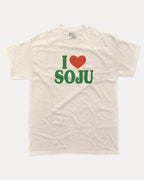 I Love Soju graphic tee with bold and humorous print, Perfect Gift for Soju Lovers, Soju Korean Drinks Graphic T shirt, funny and trendy graphic. Perfect for adults and gift-giving. Cream shirt.