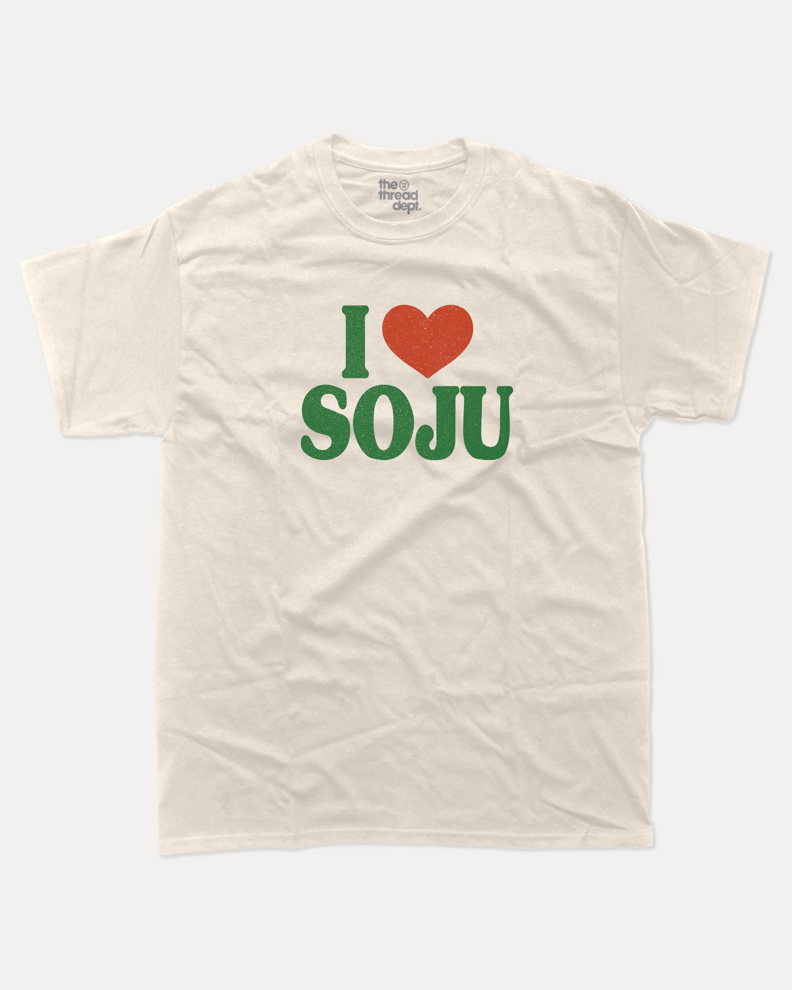 I Love Soju graphic tee with bold and humorous print, Perfect Gift for Soju Lovers, Soju Korean Drinks Graphic T shirt, funny and trendy graphic. Perfect for adults and gift-giving. Cream shirt.