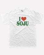 I Love Soju graphic tee with bold and humorous print, Perfect Gift for Soju Lovers, Soju Korean Drinks Graphic T shirt, funny and trendy graphic. Perfect for adults and gift-giving. White shirt.