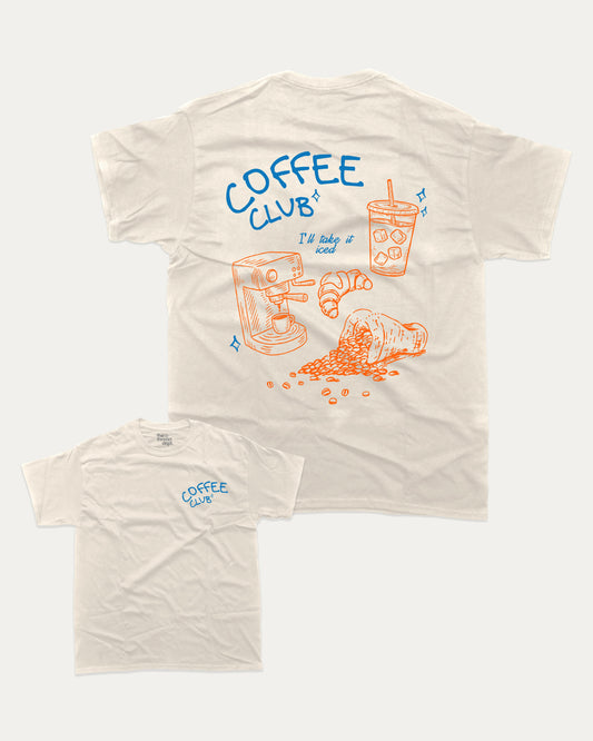 Iced Coffee Club graphic t-shirt, perfect for coffee lovers. A must-have funny tee, funny coffee shirt, unique gift idea. Cream.