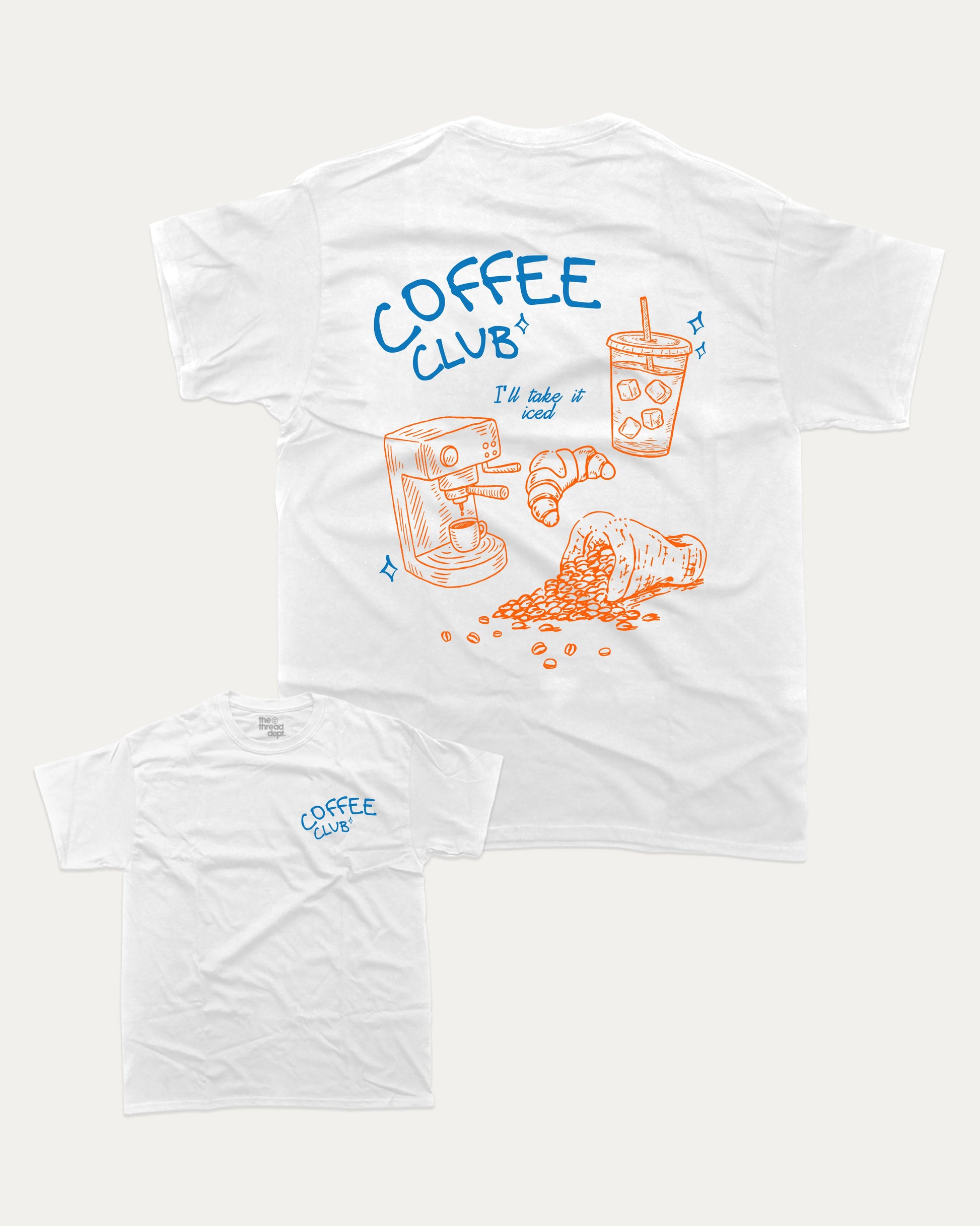 Iced Coffee Club graphic t-shirt, perfect for coffee lovers. A must-have funny tee, funny coffee shirt, unique gift idea. White.