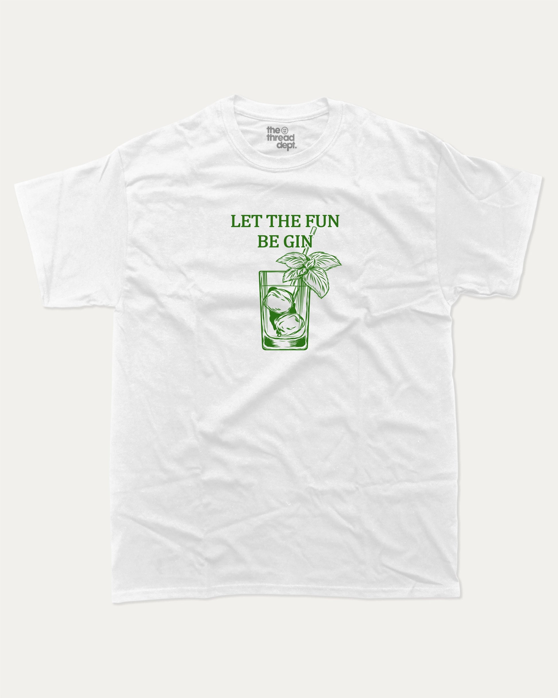 Let the fun be gin graphic tee with bold and humorous print, funny and trendy graphic. Drinks Lover Graphic Tee, Cocktail T shirt, Gin Tonic Lover Graphic T shirt, Perfect for adults and gift-giving. White shirt.