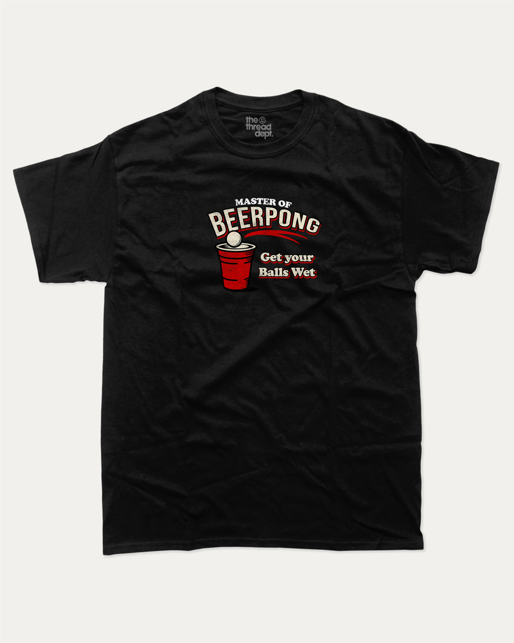 Master Of Beer Pong graphic tee with funny beer pong game graphic, funny and trendy graphic. Perfect for adults and gift-giving. Black shirt.