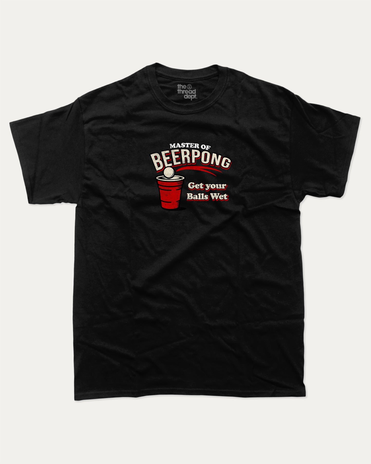 Master Of Beer Pong graphic tee with funny beer pong game graphic, funny and trendy graphic. Perfect for adults and gift-giving. Black shirt.