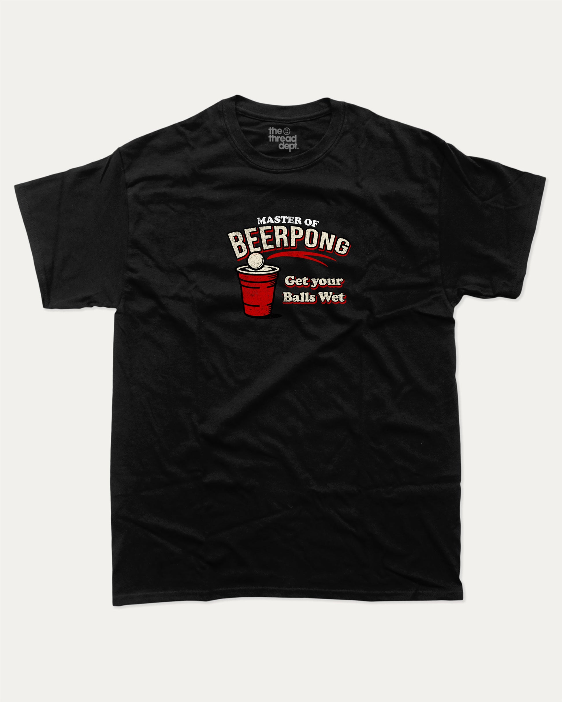 Master Of Beer Pong graphic tee with funny beer pong game graphic, funny and trendy graphic. Perfect for adults and gift-giving. Black shirt.