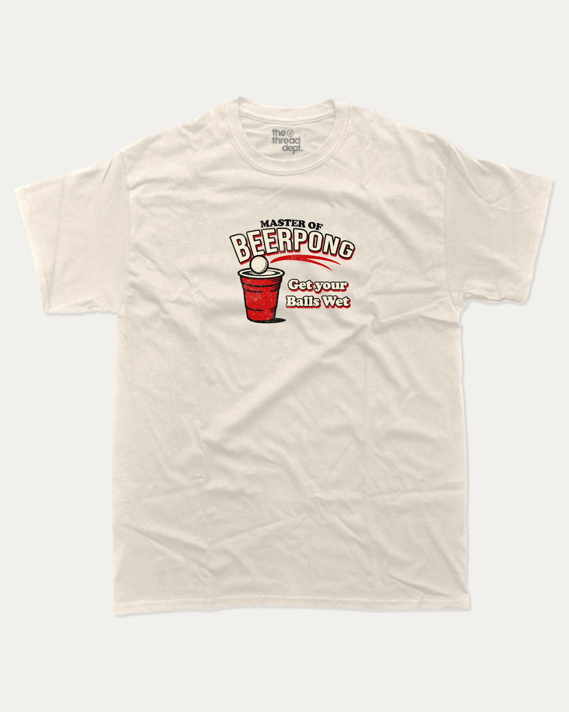 Master Of Beer Pong graphic tee with funny beer pong game graphic, funny and trendy graphic. Perfect for adults and gift-giving. Cream shirt.