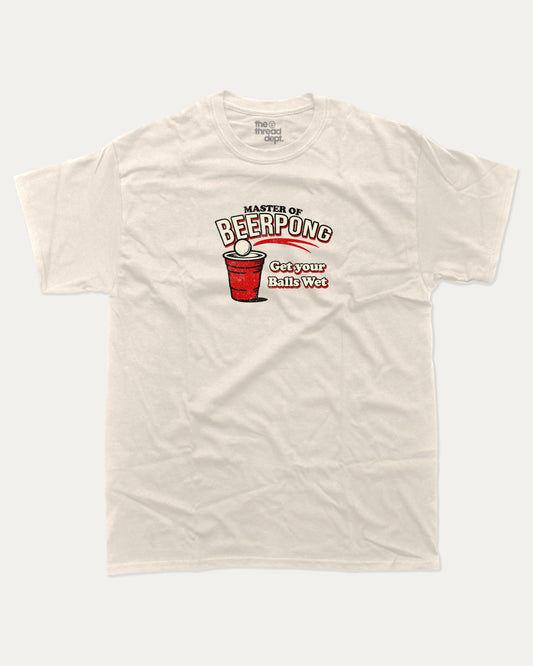 Master Of Beer Pong graphic tee with funny beer pong game graphic, funny and trendy graphic. Perfect for adults and gift-giving. Cream shirt.