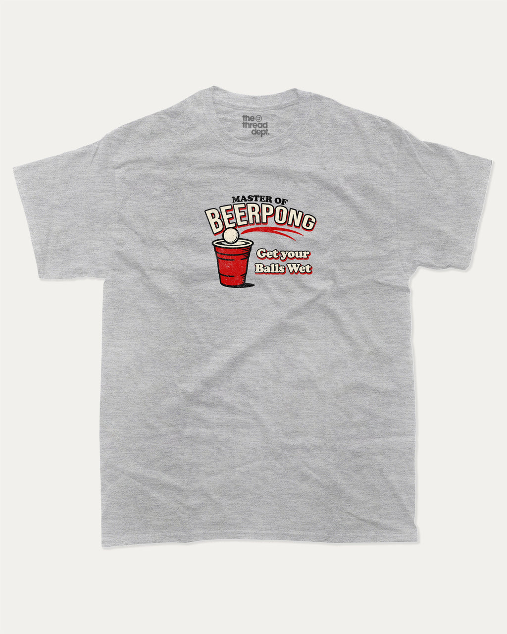 Master Of Beer Pong graphic tee with funny beer pong game graphic, funny and trendy graphic. Perfect for adults and gift-giving. Heather Grey shirt.