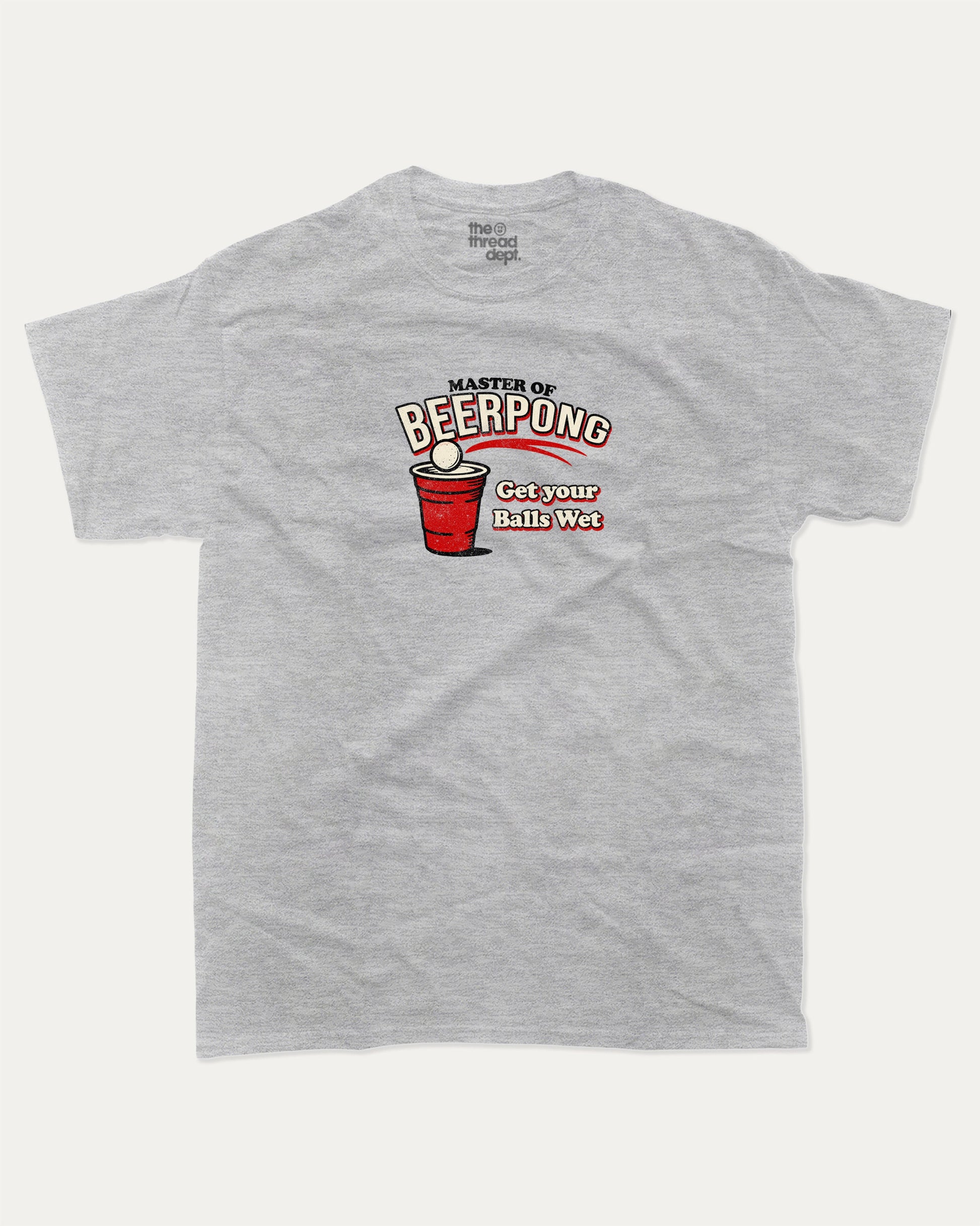 Master Of Beer Pong graphic tee with funny beer pong game graphic, funny and trendy graphic. Perfect for adults and gift-giving. Heather Grey shirt.