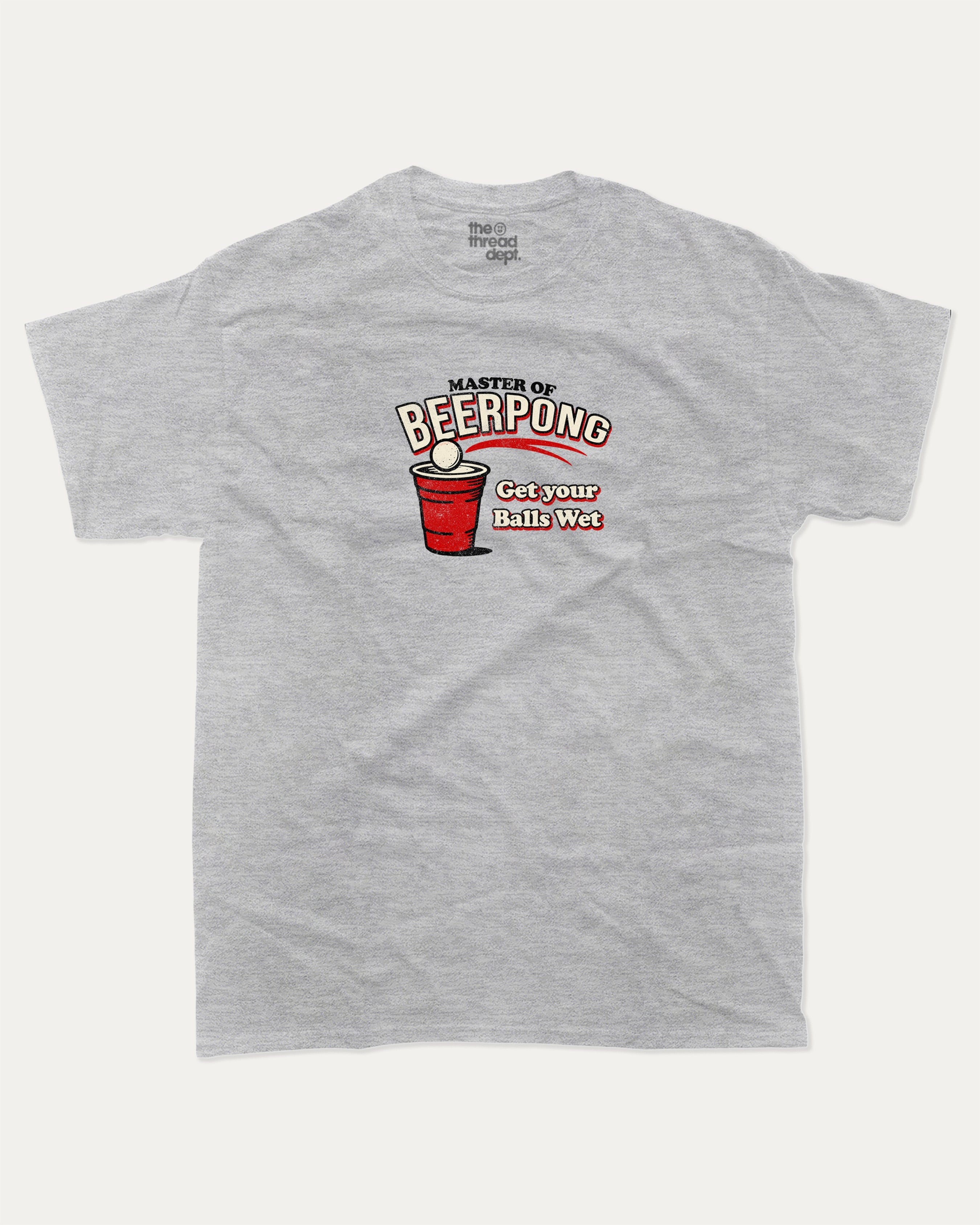 Master Of Beer Pong graphic tee with funny beer pong game graphic, funny and trendy graphic. Perfect for adults and gift-giving. Heather Grey shirt.