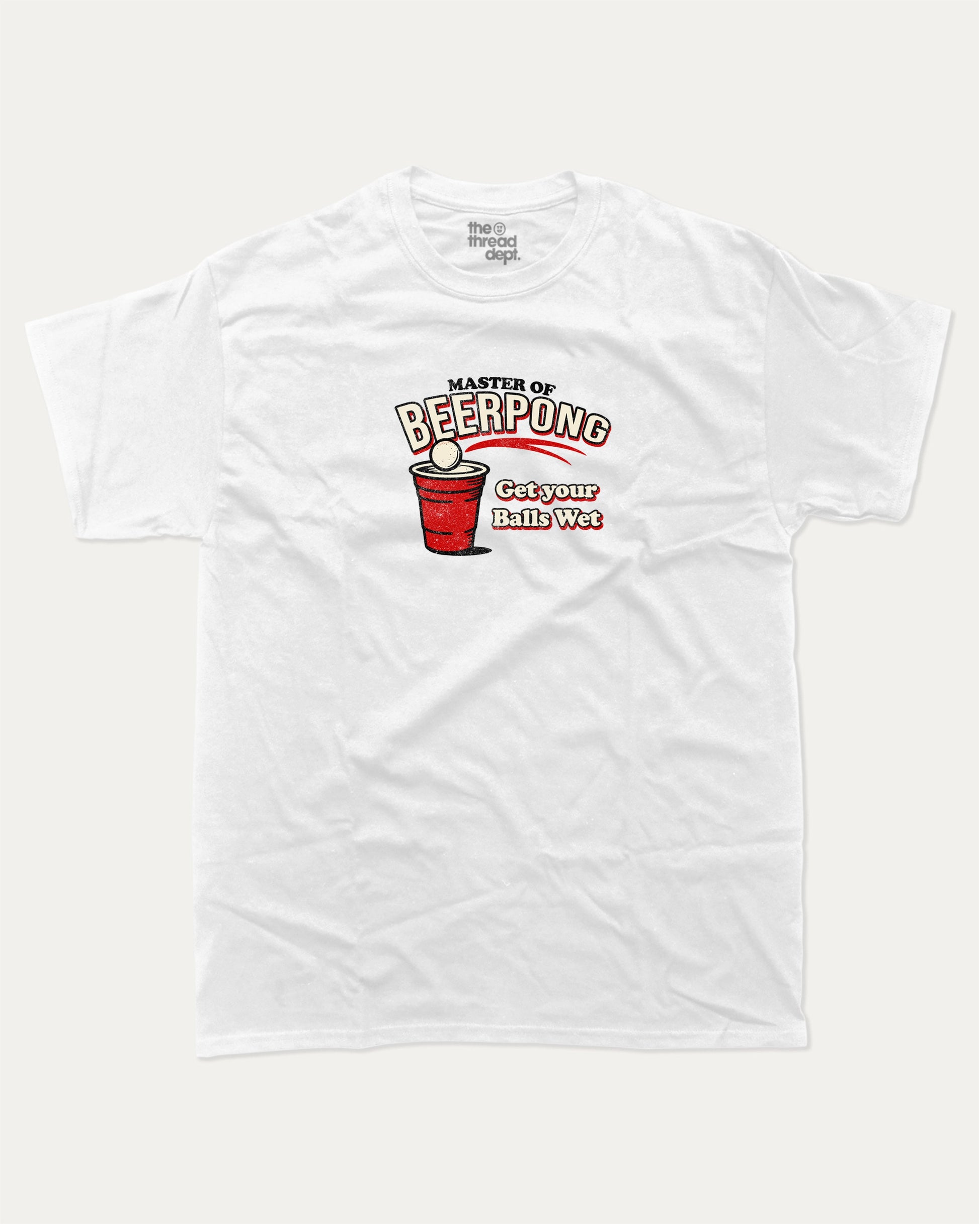 Master Of Beer Pong graphic tee with funny beer pong game graphic, funny and trendy graphic. Perfect for adults and gift-giving. White shirt.
