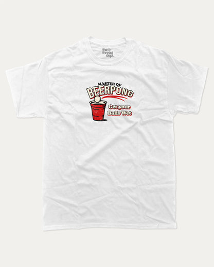 Master Of Beer Pong graphic tee with funny beer pong game graphic, funny and trendy graphic. Perfect for adults and gift-giving. White shirt.
