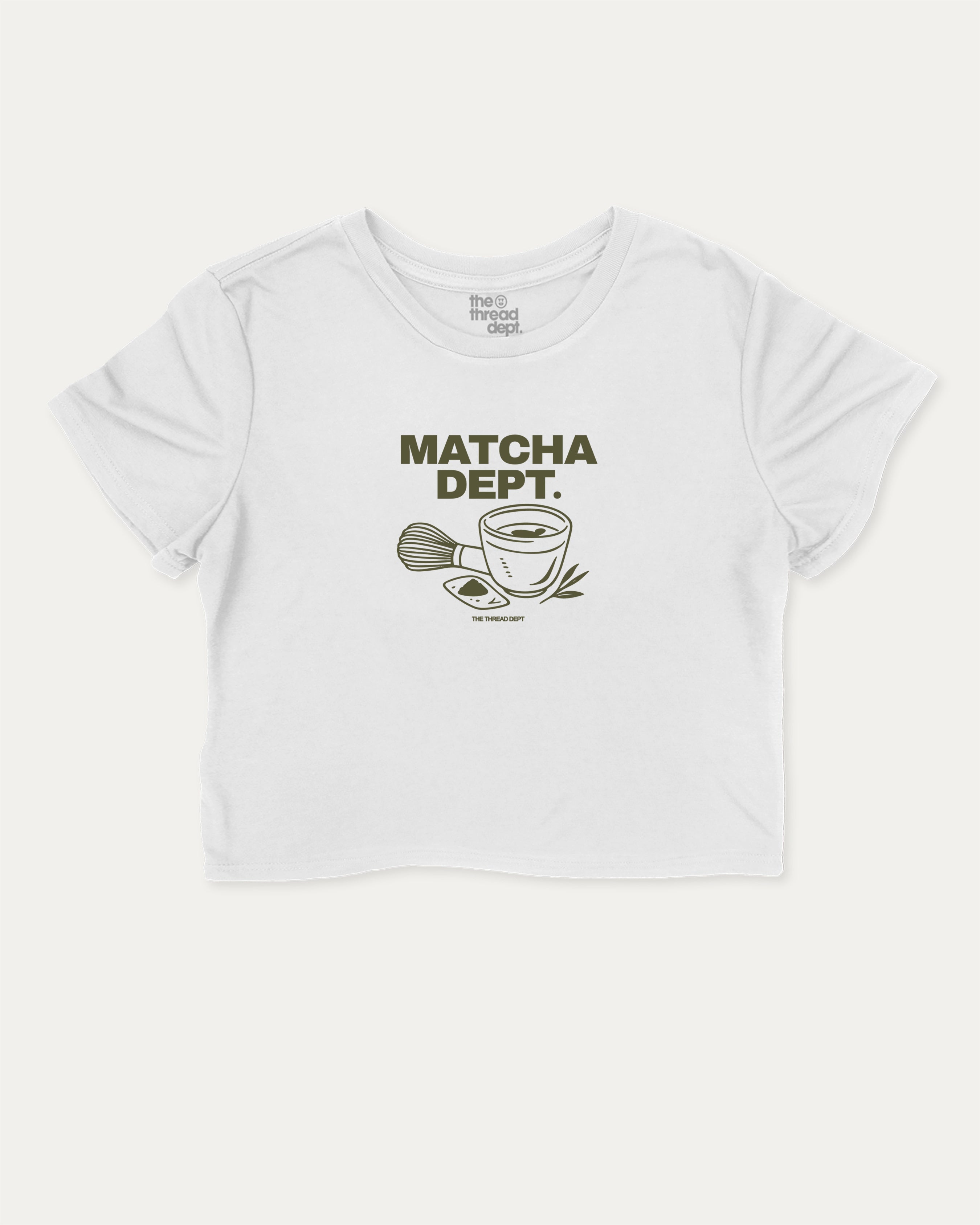 Matcha Dept graphic crop tee with funny and trendy slogan print, perfect for women_ casual looks or layering. White crop t-shirt.