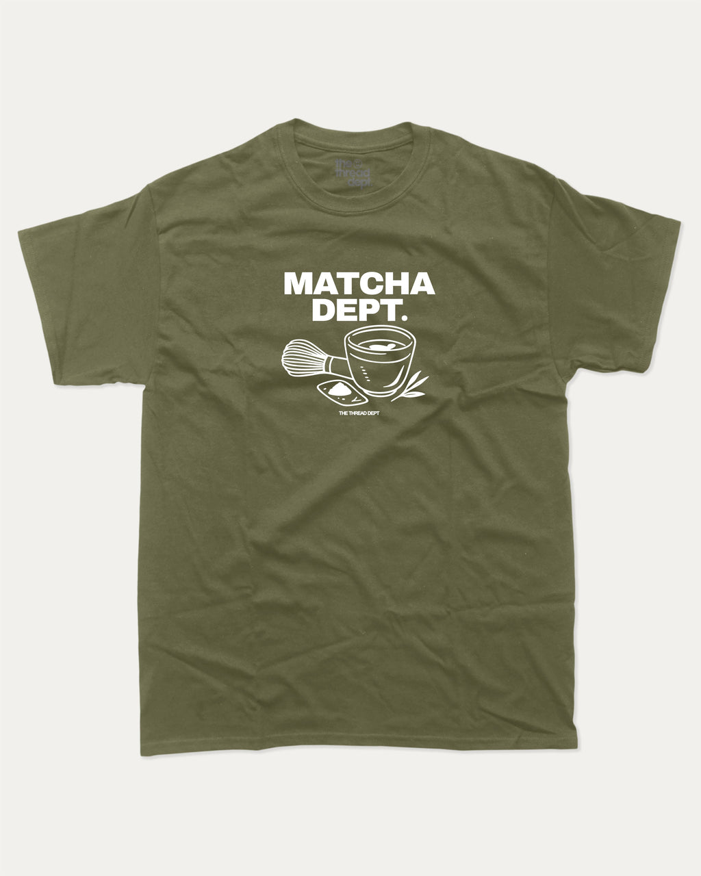 Matcha Dept graphic tee with bold and humorous print, vintage match graphic. Perfect for adults and gift-giving. Military Green shirt.