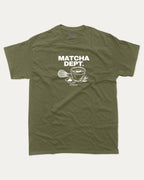 Matcha Dept graphic tee with bold and humorous print, vintage match graphic. Perfect for adults and gift-giving. Military Green shirt.
