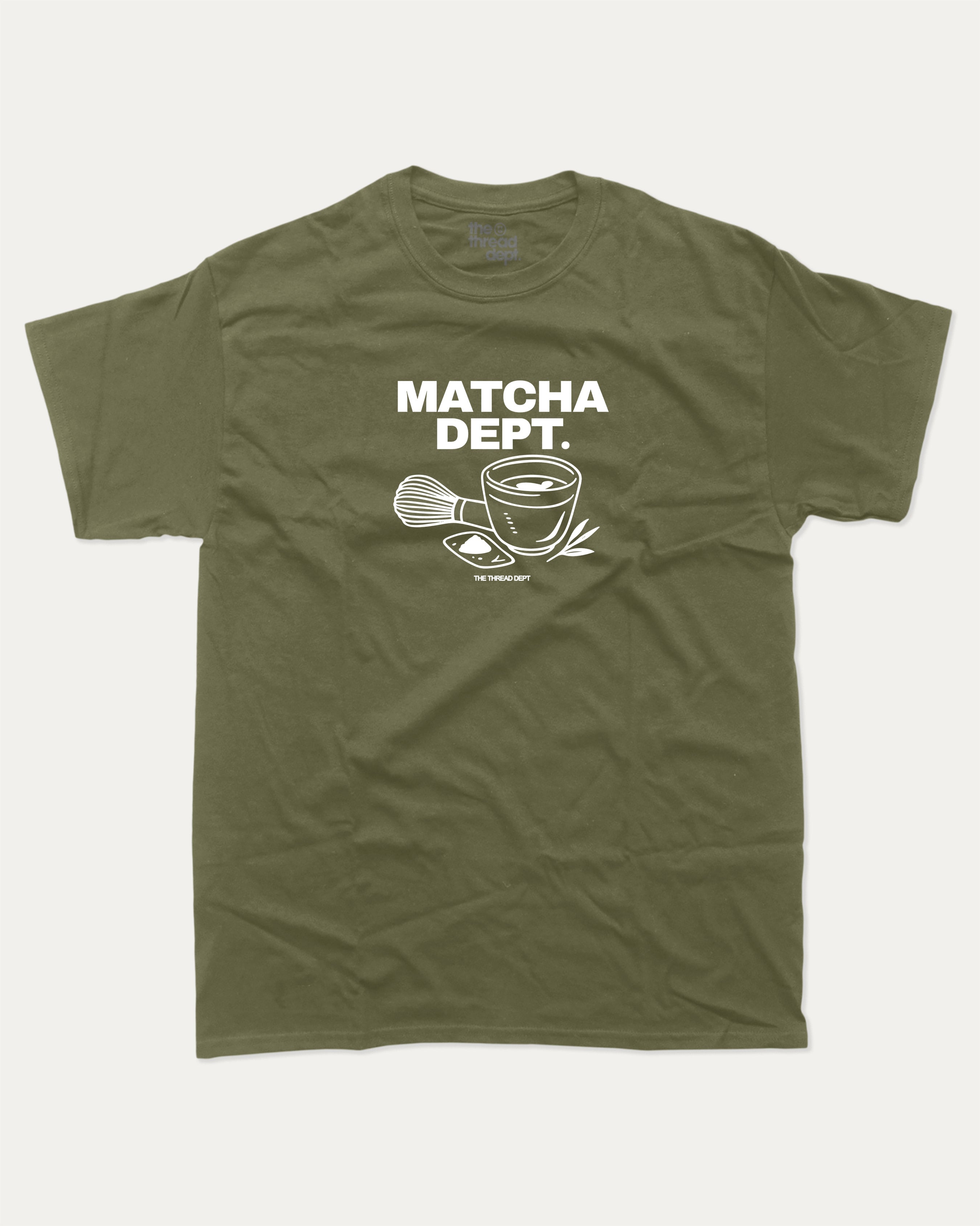 Matcha Dept graphic tee with bold and humorous print, vintage match graphic. Perfect for adults and gift-giving. Military Green shirt.
