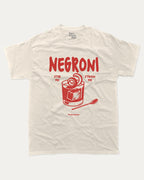 Negroni graphic tee with bold and humorous print, funny cocktail graphic. Perfect for adults and gift-giving. Cream shirt.