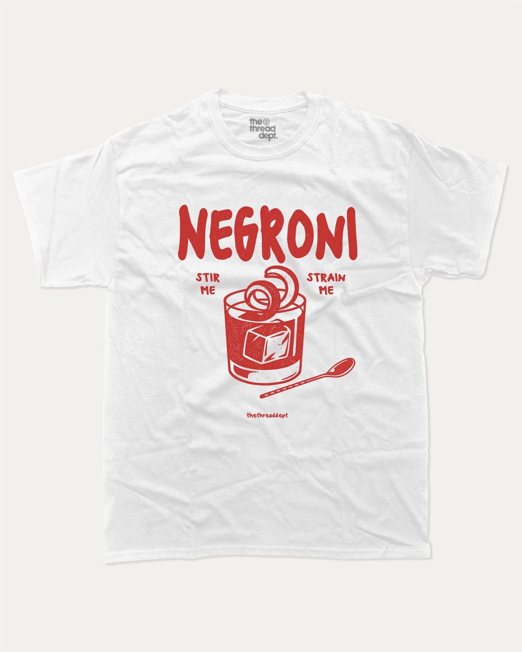 Negroni graphic tee with bold and humorous print, funny cocktail graphic. Perfect for adults and gift-giving. White shirt.