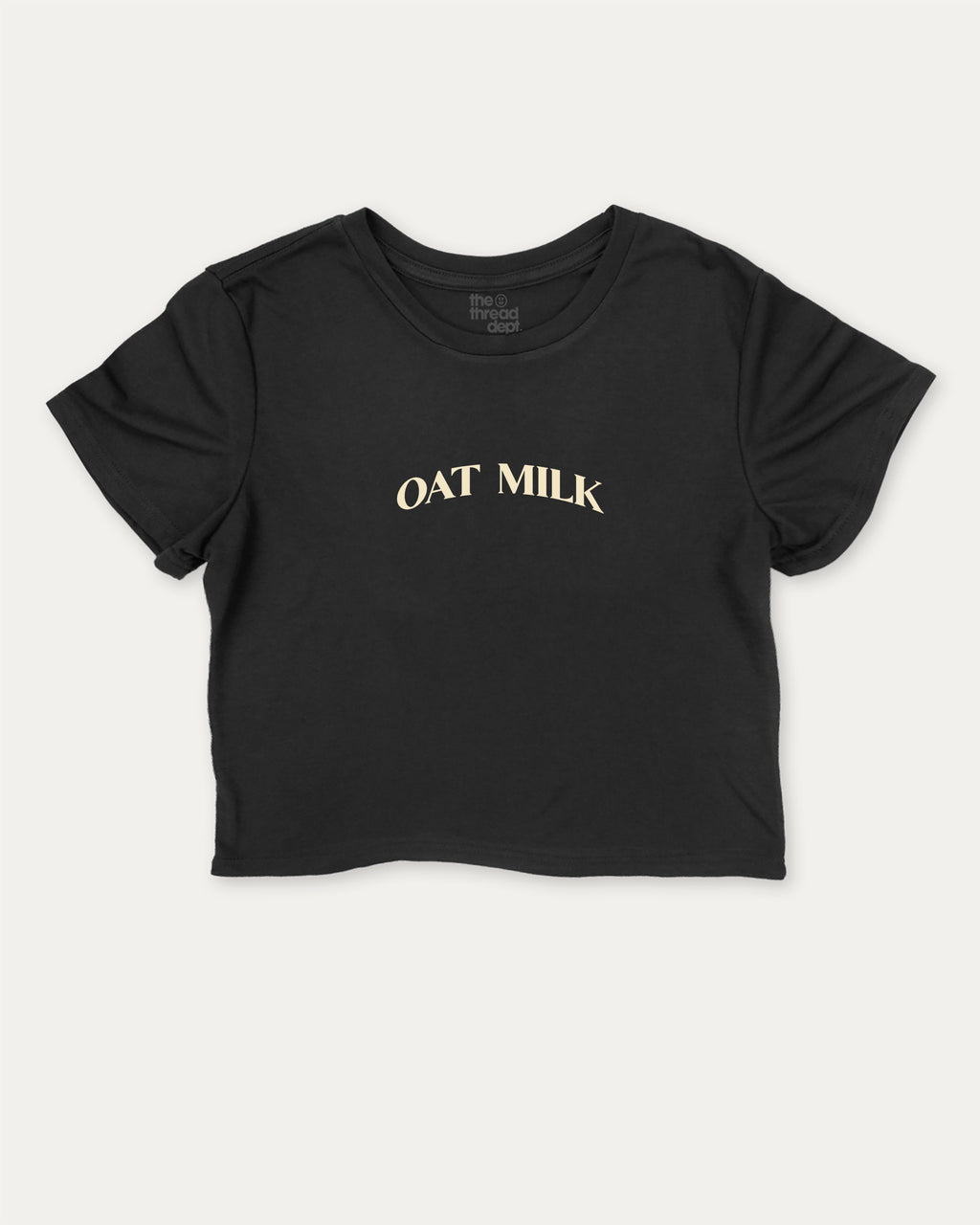 Oat Milk graphic crop tee with funny and trendy slogan print, perfect for women’s casual looks or layering. Black crop t-shirt.