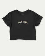 Oat Milk graphic crop tee with funny and trendy slogan print, perfect for women’s casual looks or layering. Black crop t-shirt.