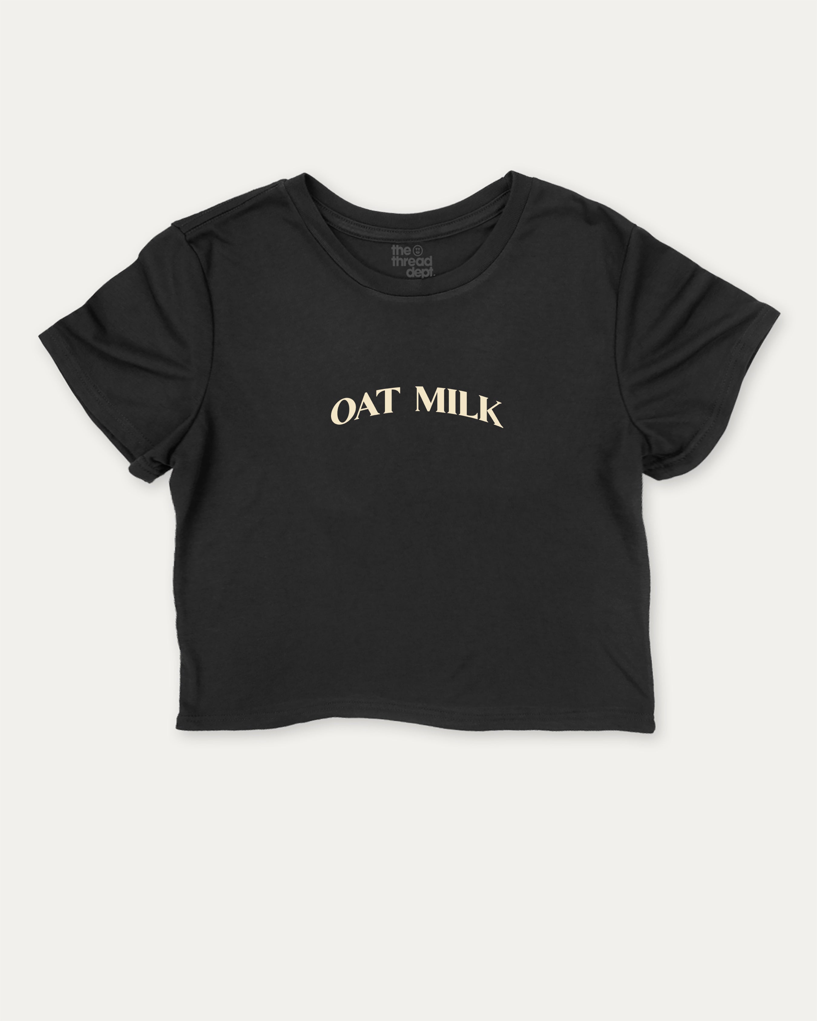 Oat Milk graphic crop tee with funny and trendy slogan print, perfect for women’s casual looks or layering. Black crop t-shirt.